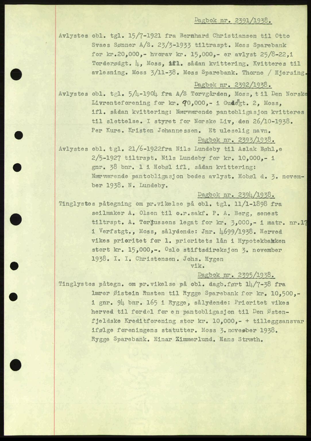 Moss sorenskriveri, SAO/A-10168: Pantebok nr. B6, 1938-1938, Dagboknr: 2391/1938