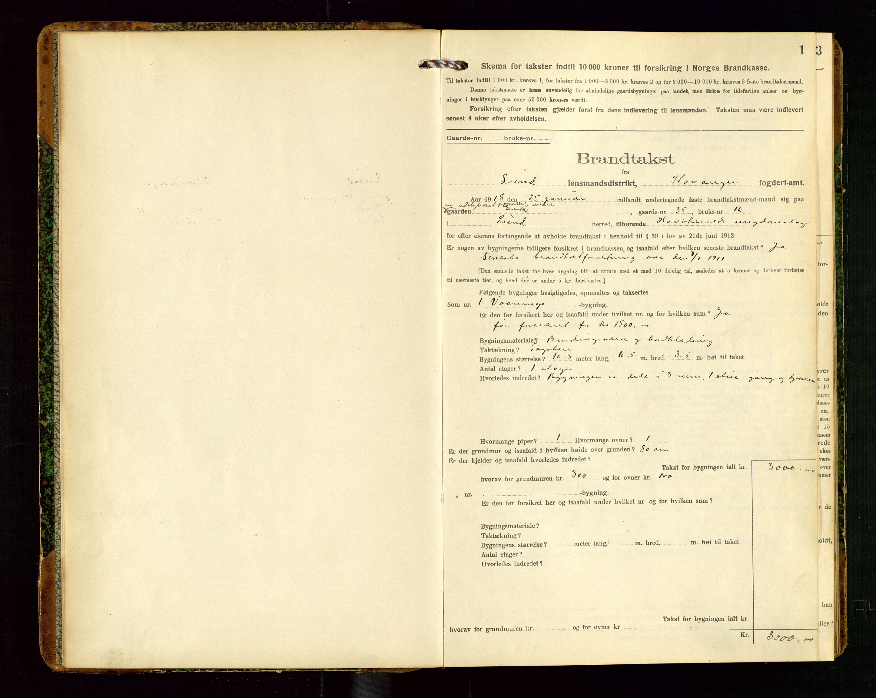 Lund lensmannskontor, AV/SAST-A-100303/Gob/L0003: "Brandtakstprotokol", 1918-1921, s. 1