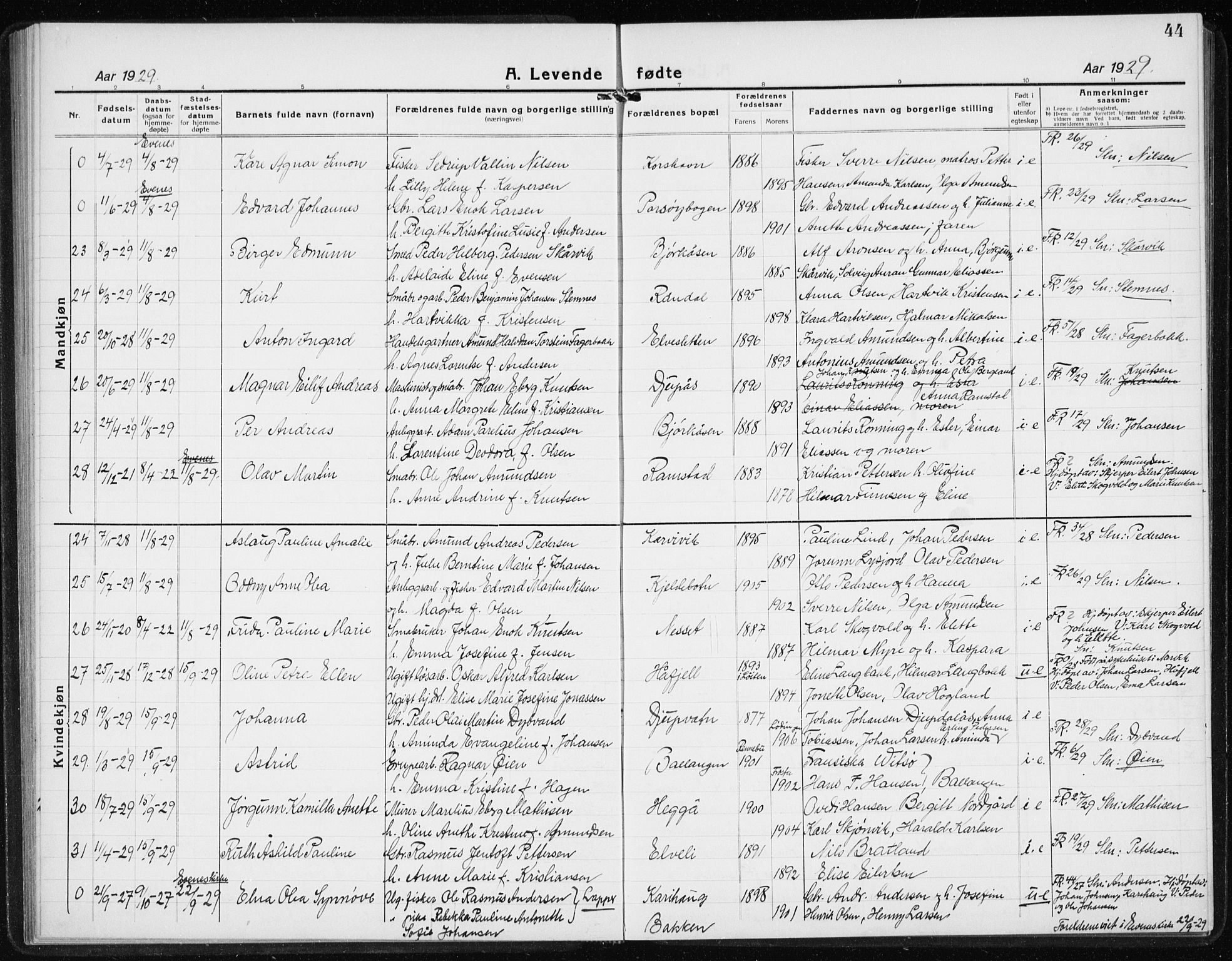 Ministerialprotokoller, klokkerbøker og fødselsregistre - Nordland, AV/SAT-A-1459/869/L0975: Klokkerbok nr. 869C01, 1923-1939, s. 44