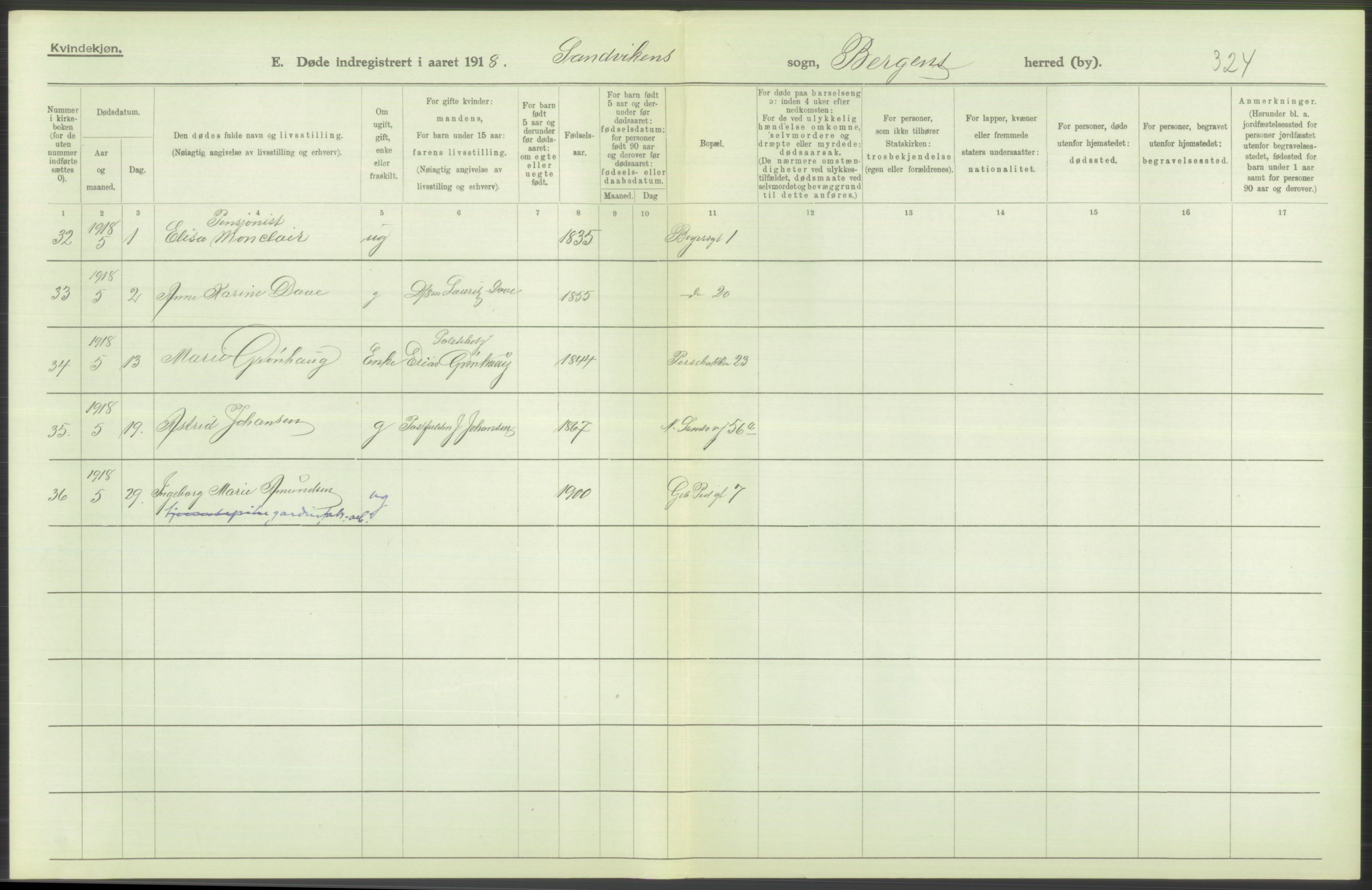 Statistisk sentralbyrå, Sosiodemografiske emner, Befolkning, AV/RA-S-2228/D/Df/Dfb/Dfbh/L0039: Bergen: Døde., 1918, s. 354