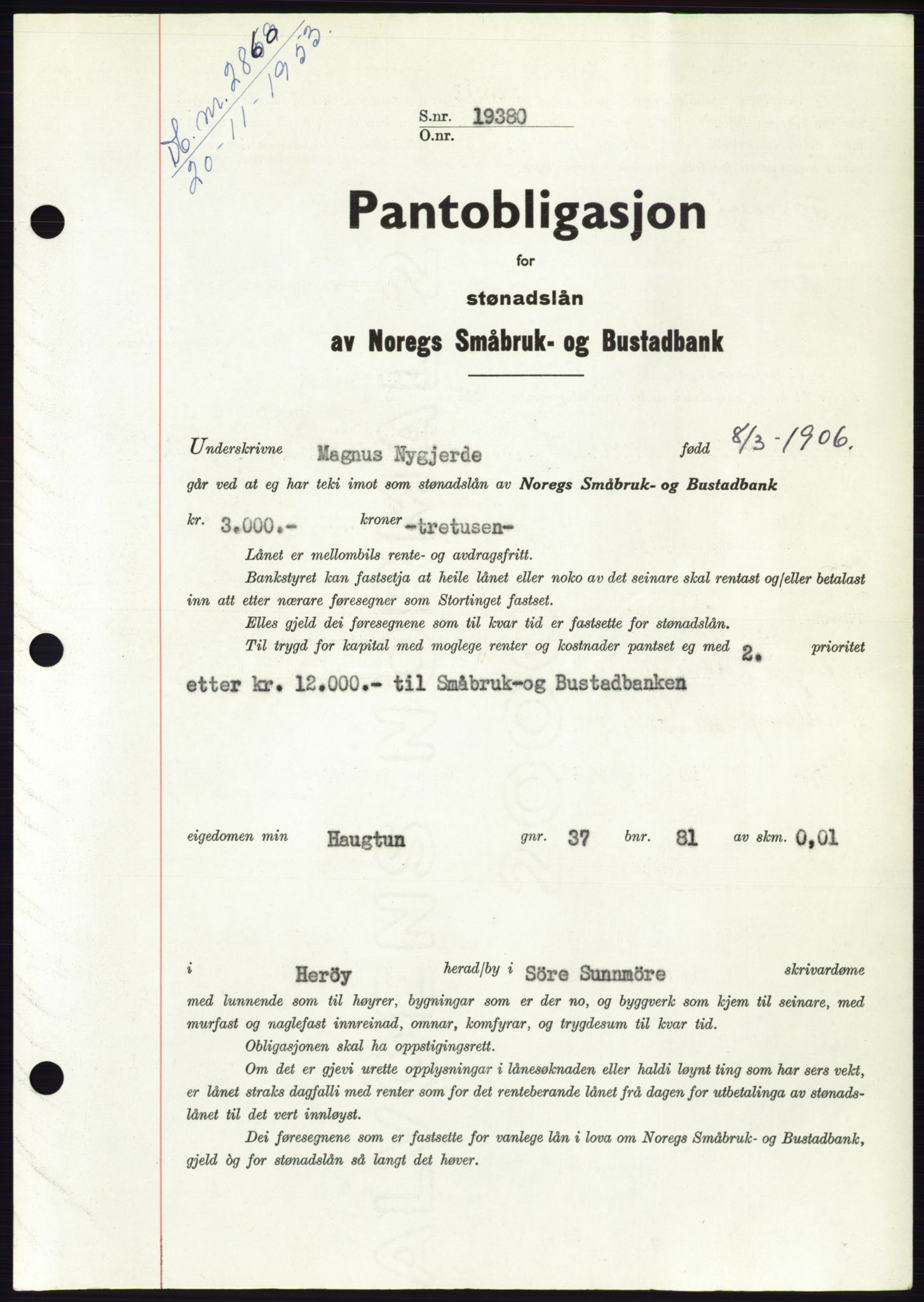 Søre Sunnmøre sorenskriveri, SAT/A-4122/1/2/2C/L0124: Pantebok nr. 12B, 1953-1954, Dagboknr: 2860/1953