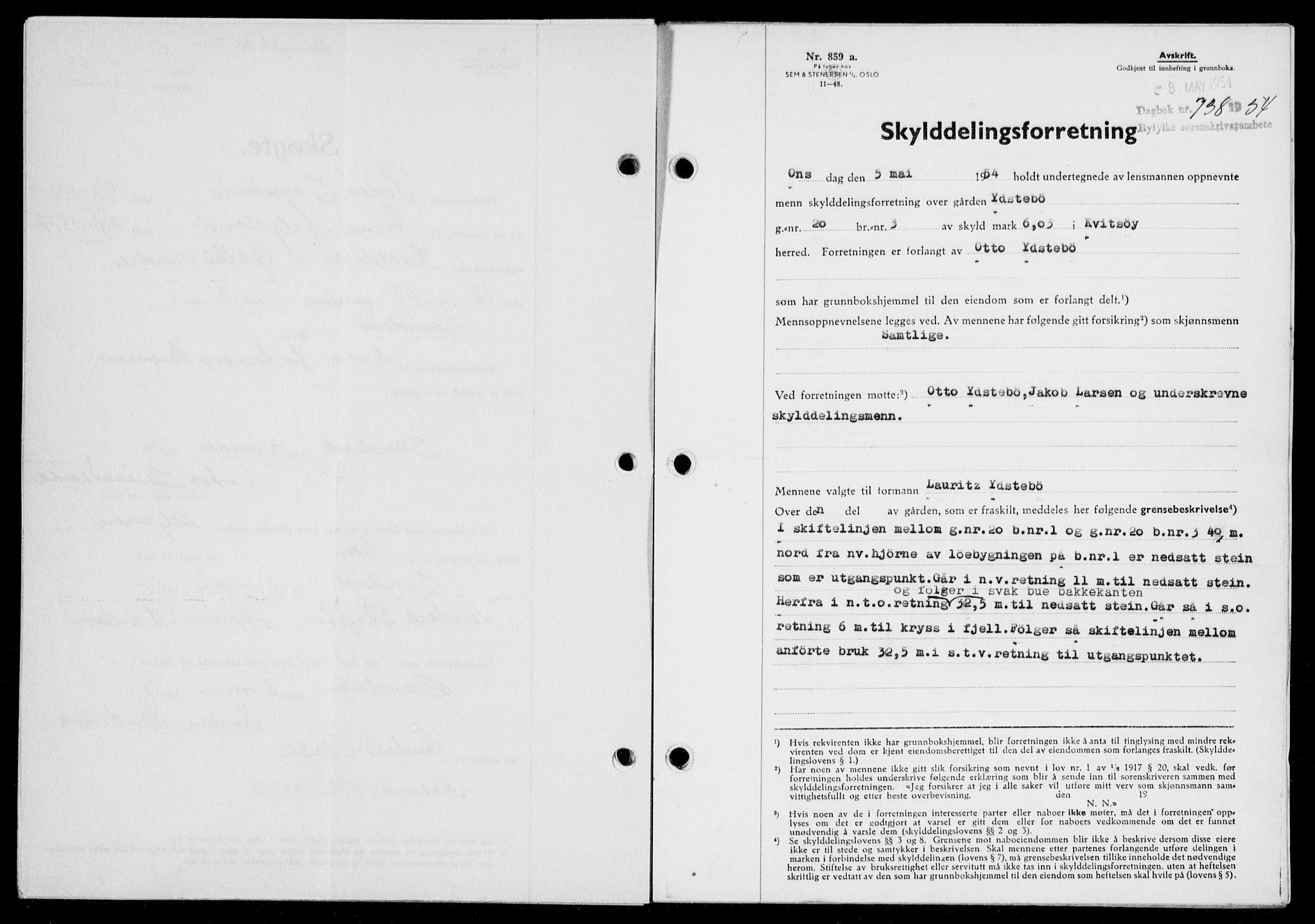 Ryfylke tingrett, SAST/A-100055/001/II/IIB/L0125: Pantebok nr. 104, 1954-1954, Dagboknr: 738/1954