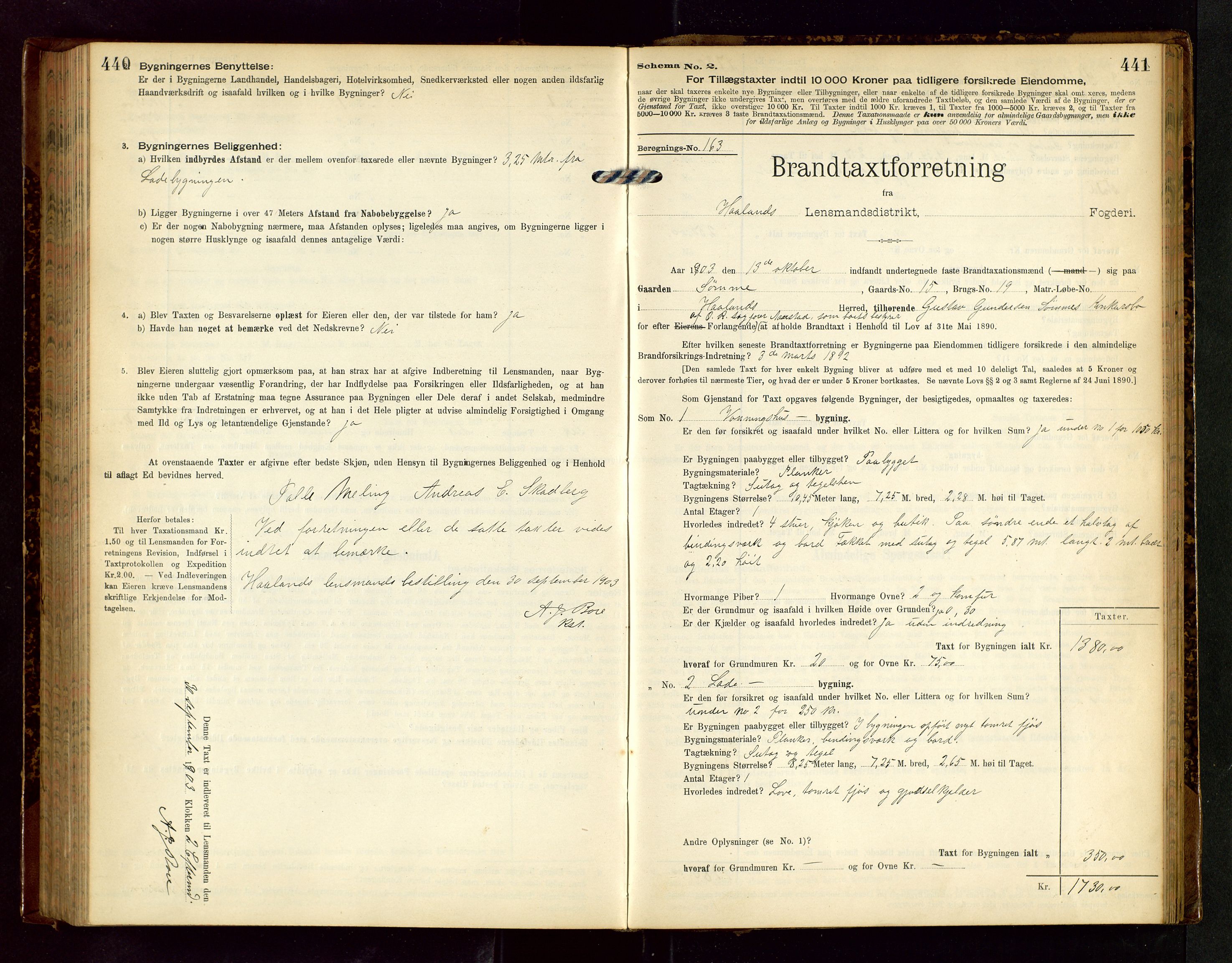 Håland lensmannskontor, AV/SAST-A-100100/Gob/L0002: Branntakstprotokoll - skjematakst. Register i boken., 1902-1906, s. 440-441