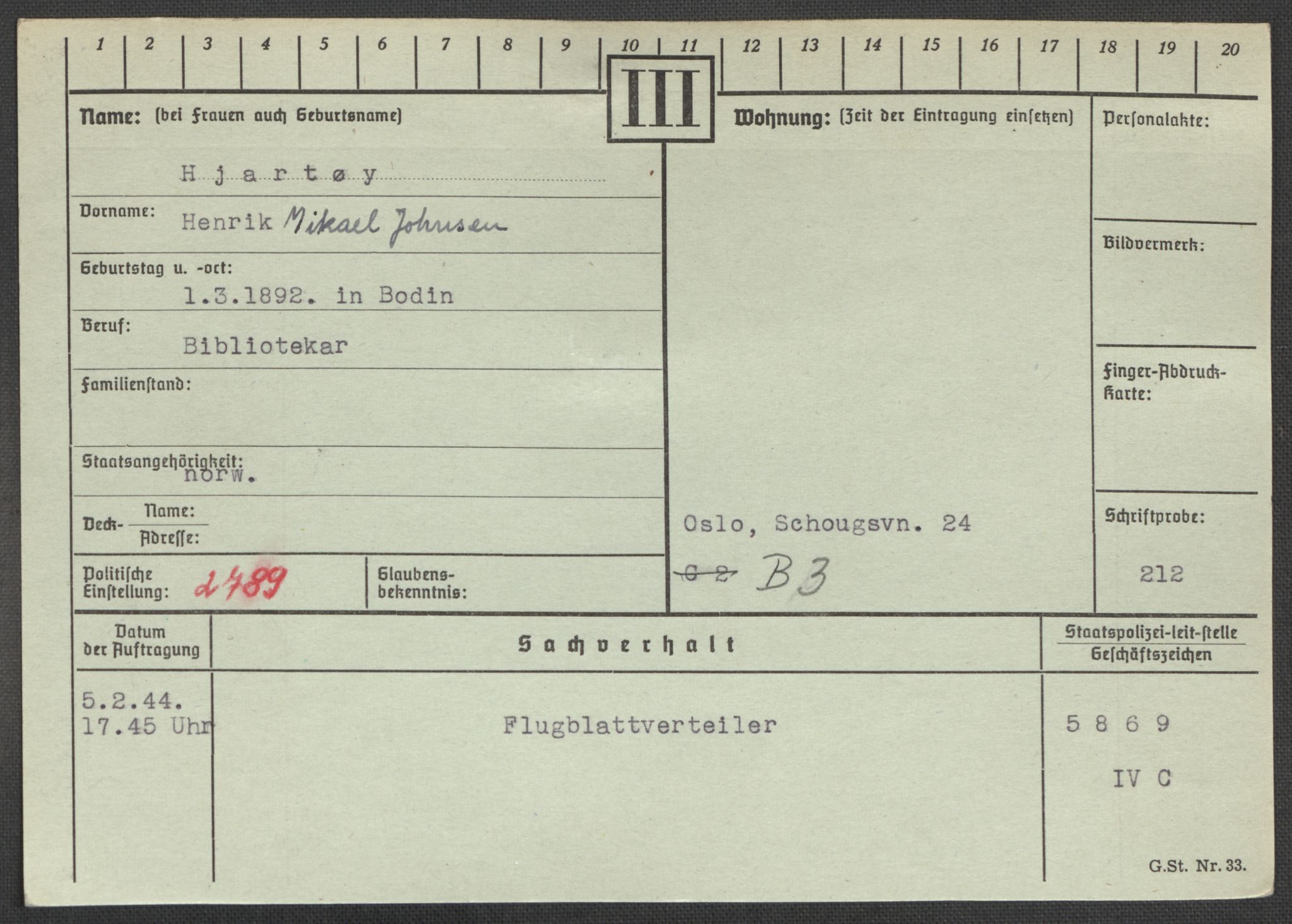 Befehlshaber der Sicherheitspolizei und des SD, RA/RAFA-5969/E/Ea/Eaa/L0004: Register over norske fanger i Møllergata 19: Hal-Hæ, 1940-1945, s. 1121