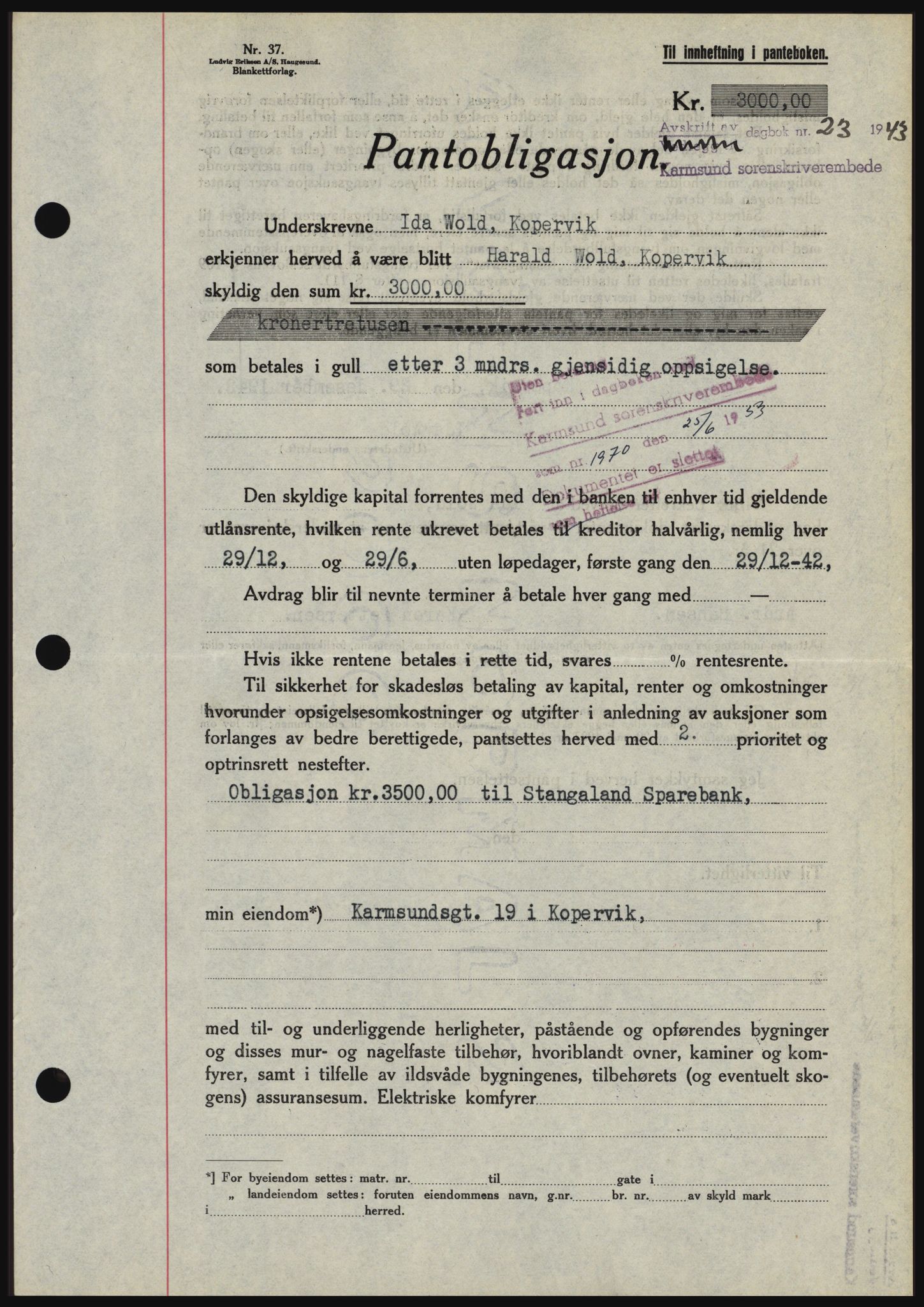 Karmsund sorenskriveri, SAST/A-100311/01/II/IIBBE/L0008: Pantebok nr. B 54, 1942-1943, Dagboknr: 23/1943