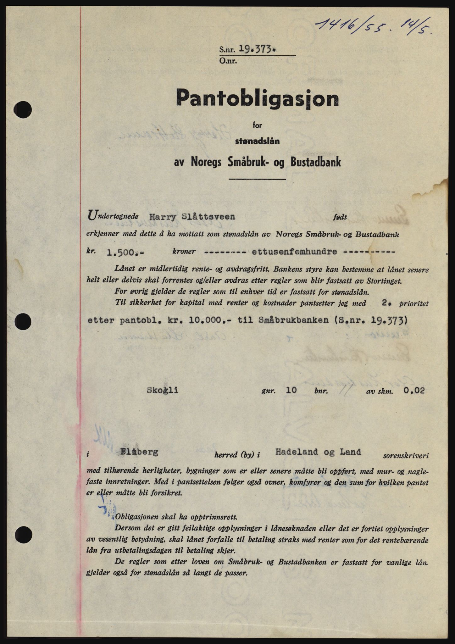 Hadeland og Land tingrett, SAH/TING-010/H/Hb/Hbc/L0032: Pantebok nr. B32, 1955-1955, Dagboknr: 1416/1955