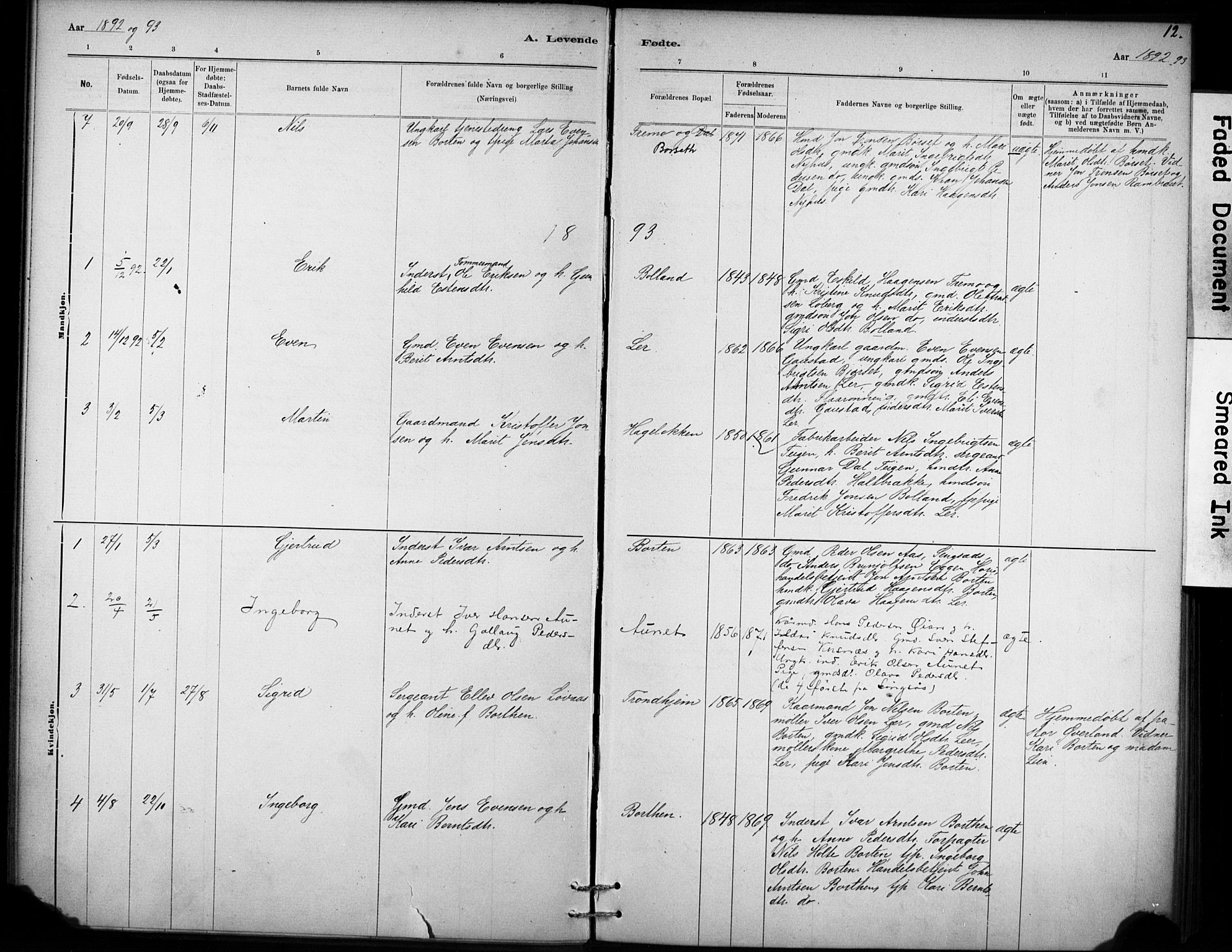 Ministerialprotokoller, klokkerbøker og fødselsregistre - Sør-Trøndelag, SAT/A-1456/693/L1119: Ministerialbok nr. 693A01, 1887-1905, s. 12