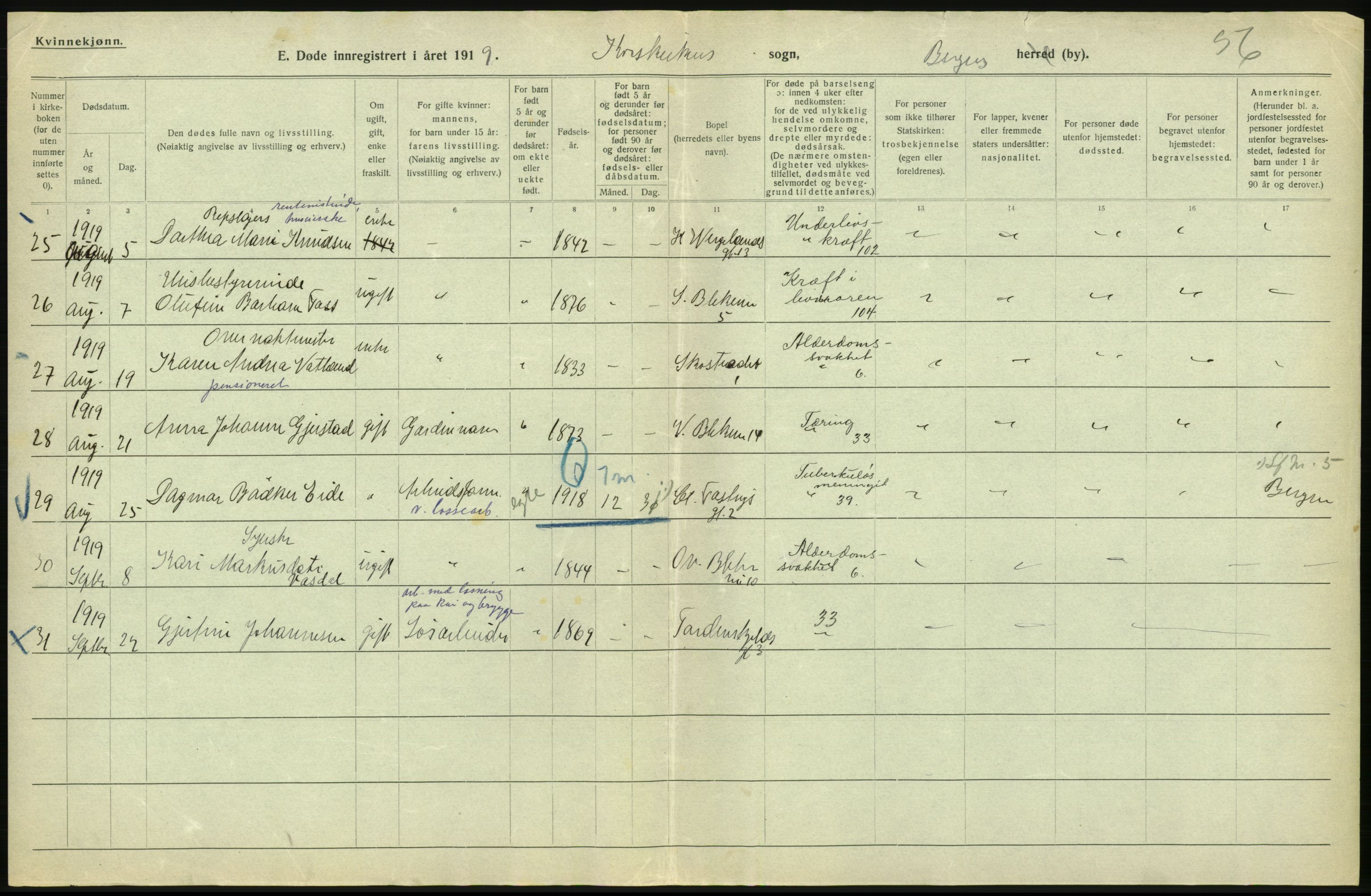 Statistisk sentralbyrå, Sosiodemografiske emner, Befolkning, AV/RA-S-2228/D/Df/Dfb/Dfbi/L0035: Bergen: Gifte, døde, dødfødte., 1919, s. 648