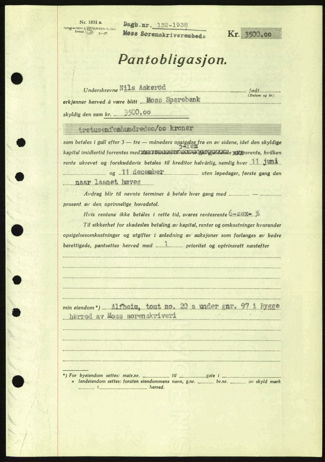 Moss sorenskriveri, SAO/A-10168: Pantebok nr. B4, 1937-1938, Dagboknr: 132/1938