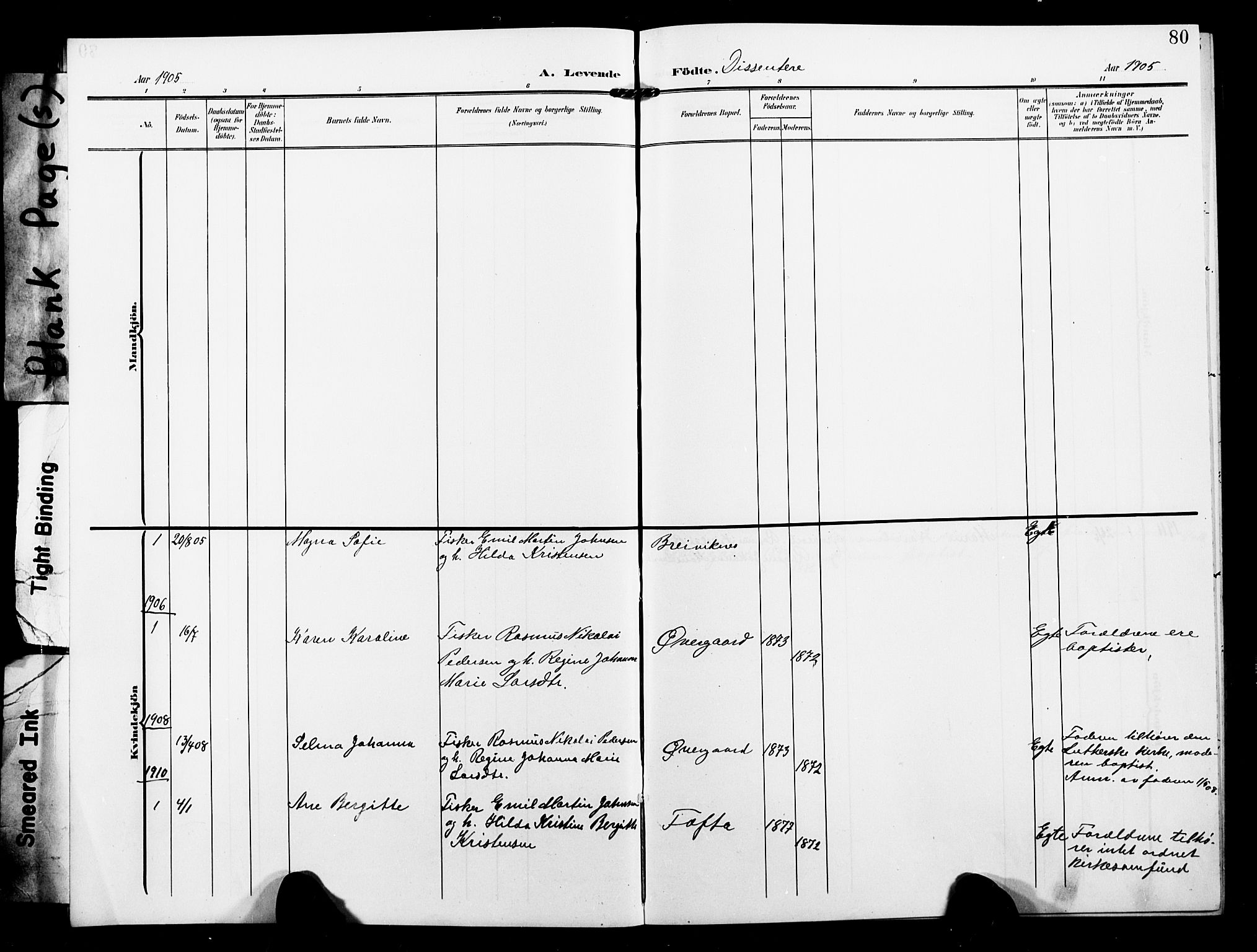 Sand/Bjarkøy sokneprestkontor, SATØ/S-0811/I/Ia/Iab/L0004klokker: Klokkerbok nr. 4, 1905-1918, s. 80