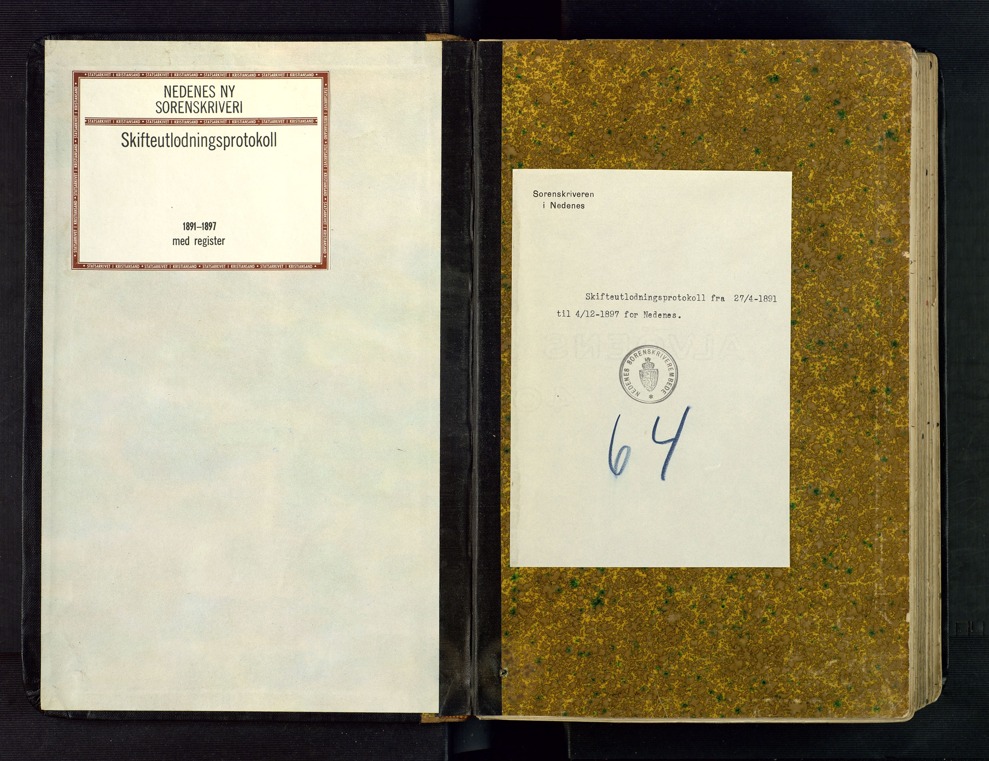 Nedenes sorenskriveri, SAK/1221-0006/H/Hc/L0018: Skifteutlodningsprotokoll nr 4 med register, 1891-1897