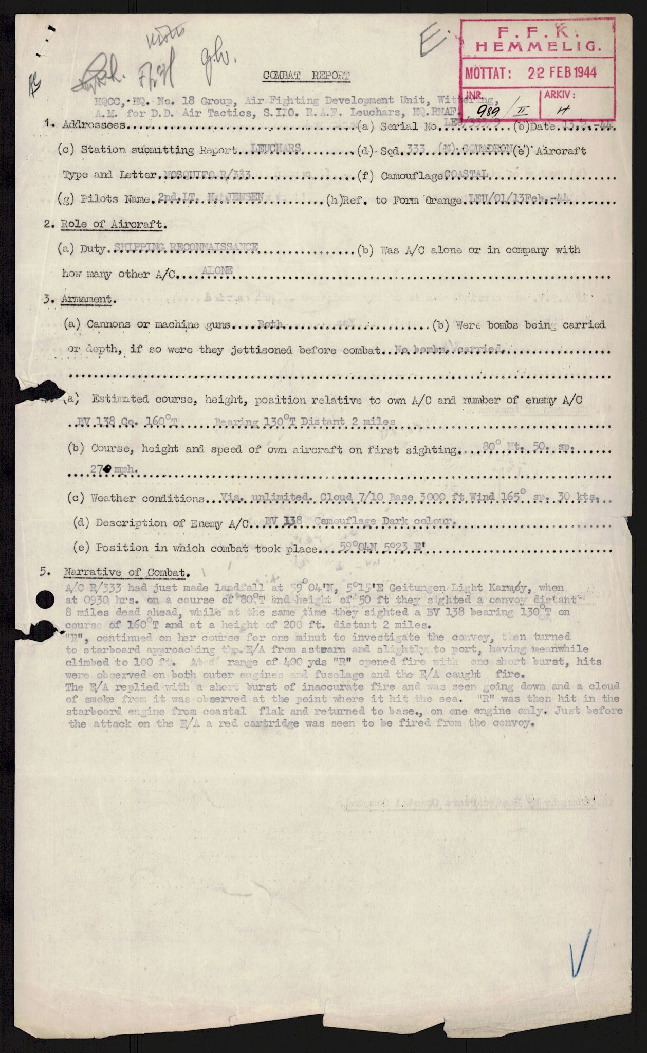 Forsvaret, 333 Skvadron, RA/RAFA-2003/1/Da/L0041: Combat, Crash and and Circumstantial Reports , 1943-1945, s. 389