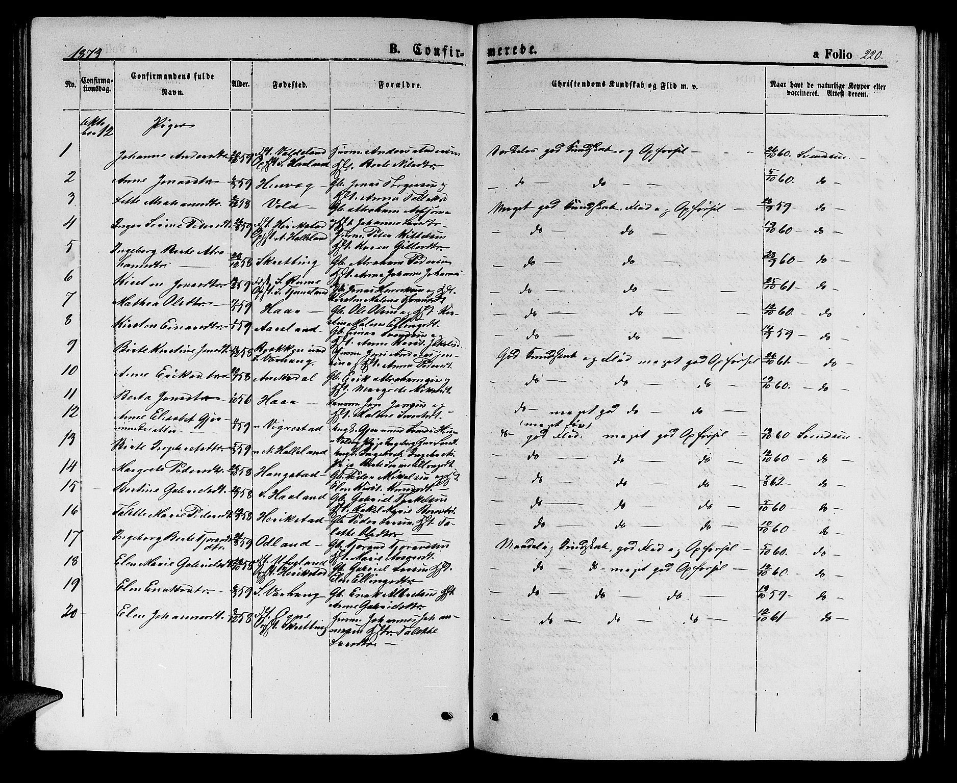 Hå sokneprestkontor, AV/SAST-A-101801/001/30BB/L0002: Klokkerbok nr. B 2, 1854-1883, s. 220