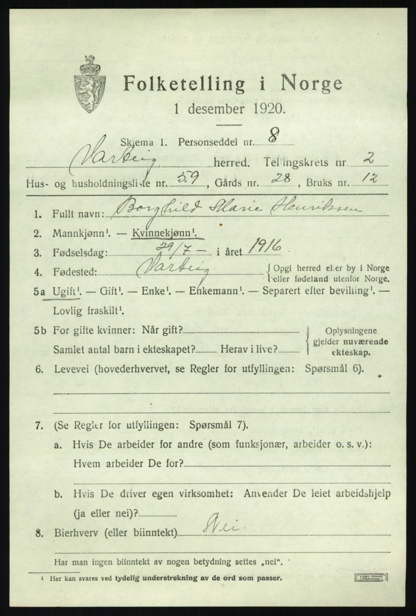 SAO, Folketelling 1920 for 0114 Varteig herred, 1920, s. 1829