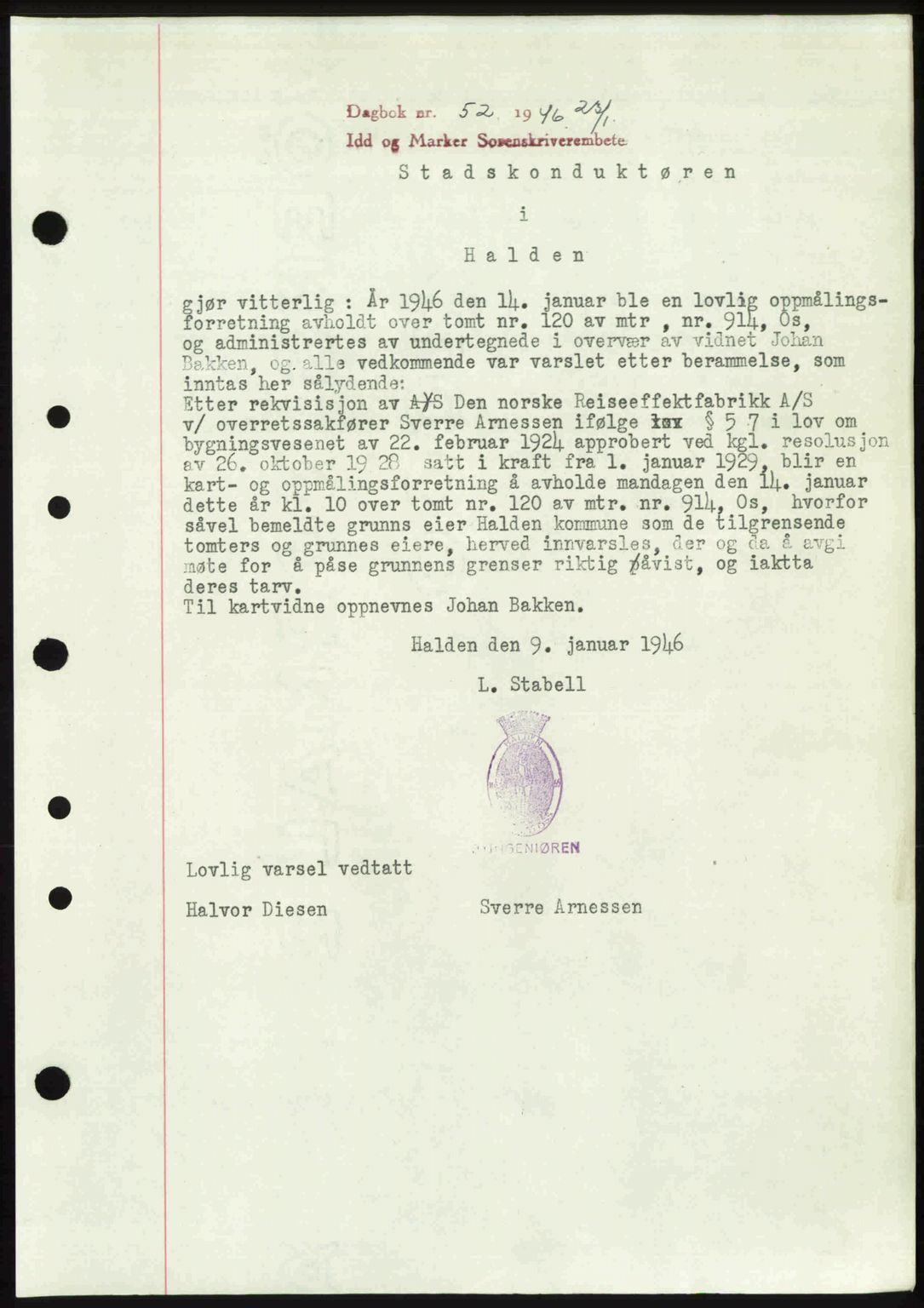 Idd og Marker sorenskriveri, AV/SAO-A-10283/G/Gb/Gbb/L0008: Pantebok nr. A8, 1946-1946, Dagboknr: 52/1946