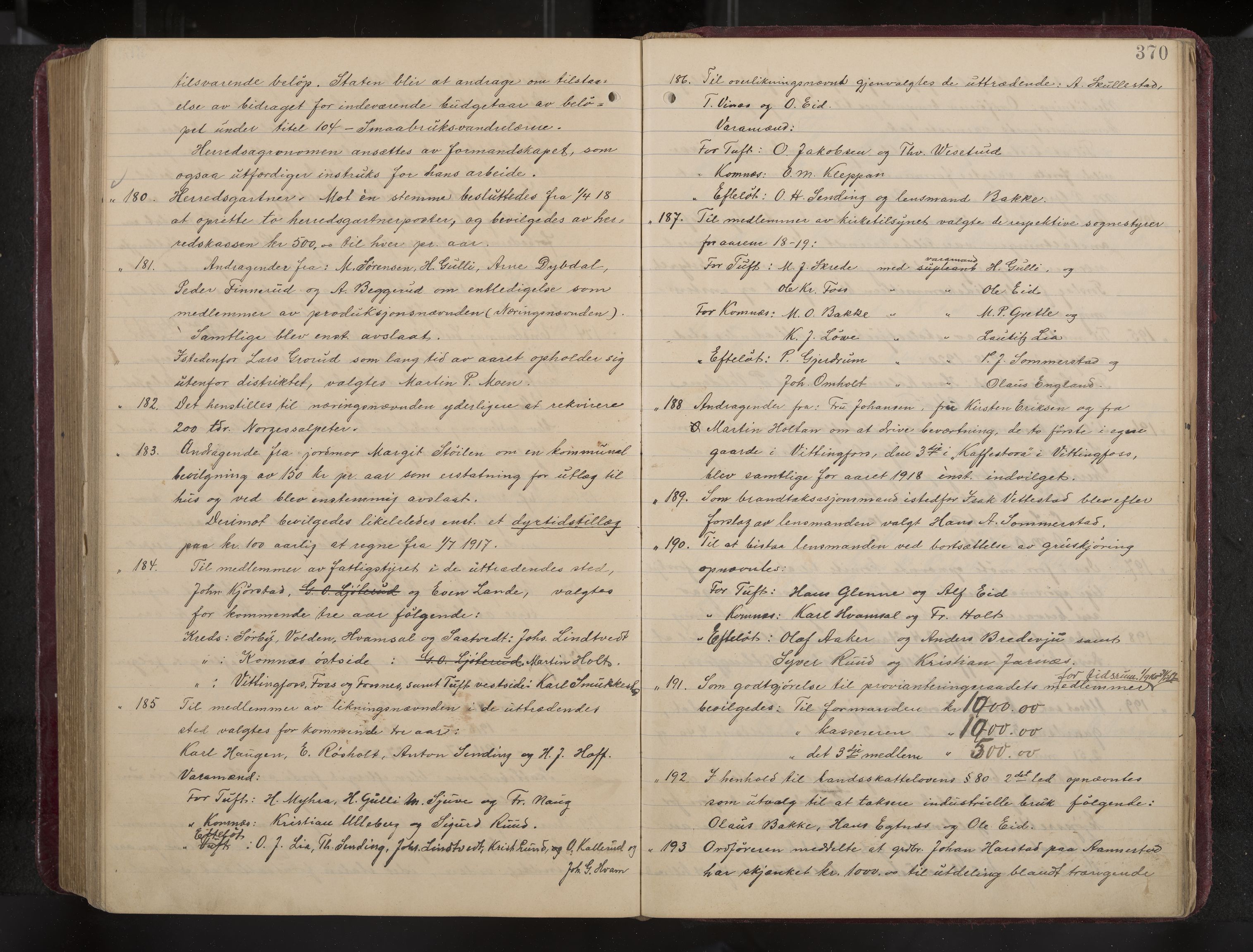 Ytre Sandsvær formannskap og sentraladministrasjon, IKAK/0629021/A/Aa/L0001: Møtebok med register, 1902-1919, s. 370