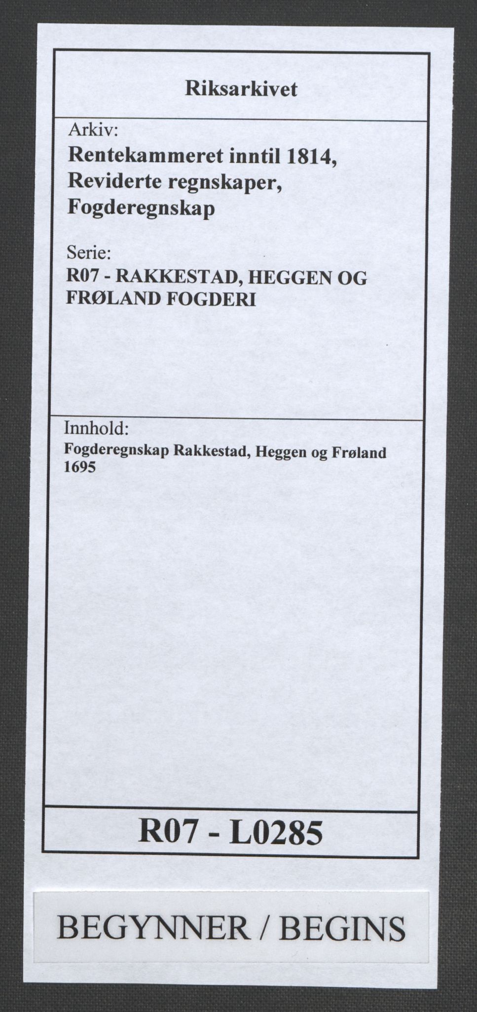 Rentekammeret inntil 1814, Reviderte regnskaper, Fogderegnskap, AV/RA-EA-4092/R07/L0285: Fogderegnskap Rakkestad, Heggen og Frøland, 1695, s. 1