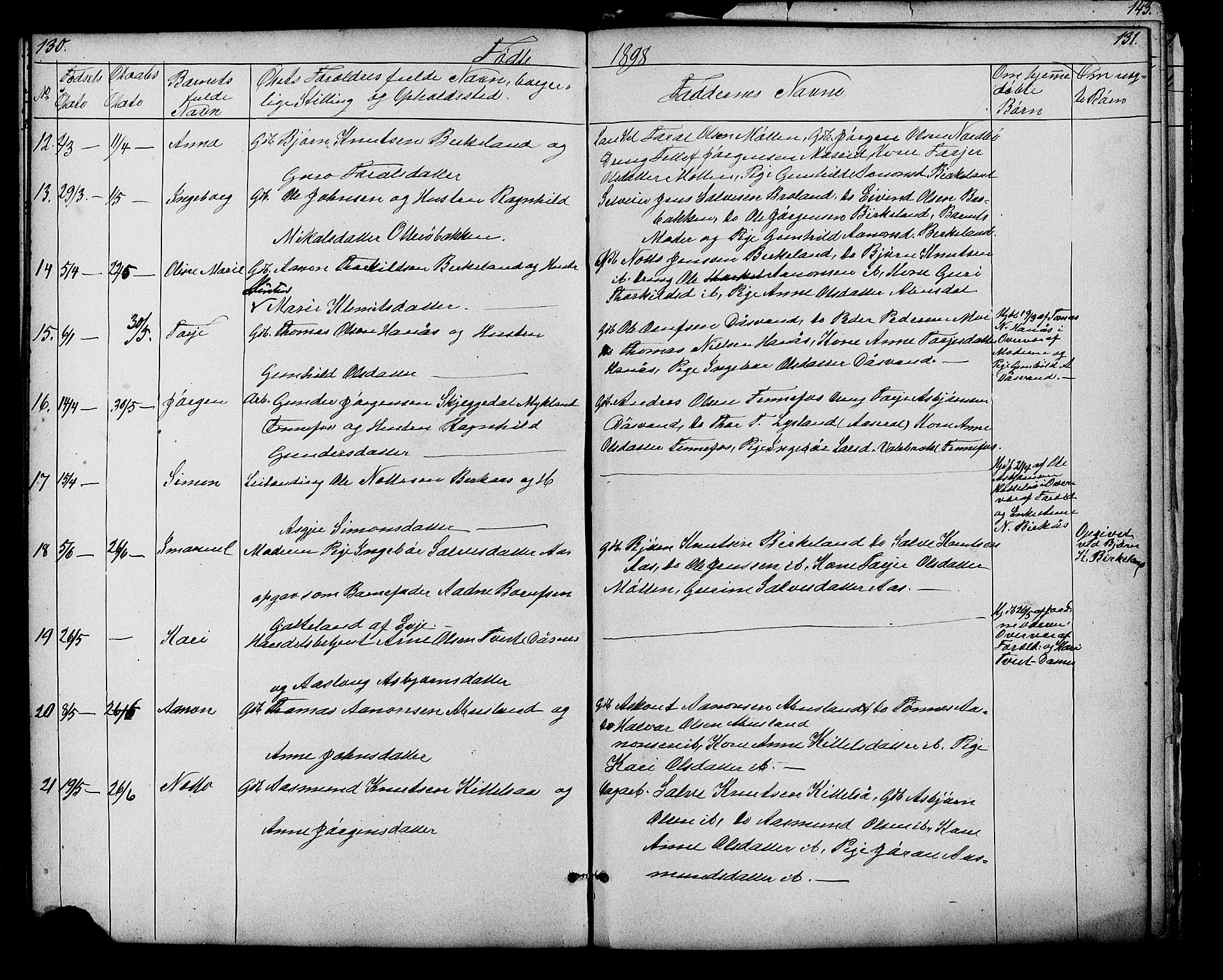 Evje sokneprestkontor, AV/SAK-1111-0008/F/Fb/Fbb/L0002: Klokkerbok nr. B 2, 1879-1909, s. 130-131