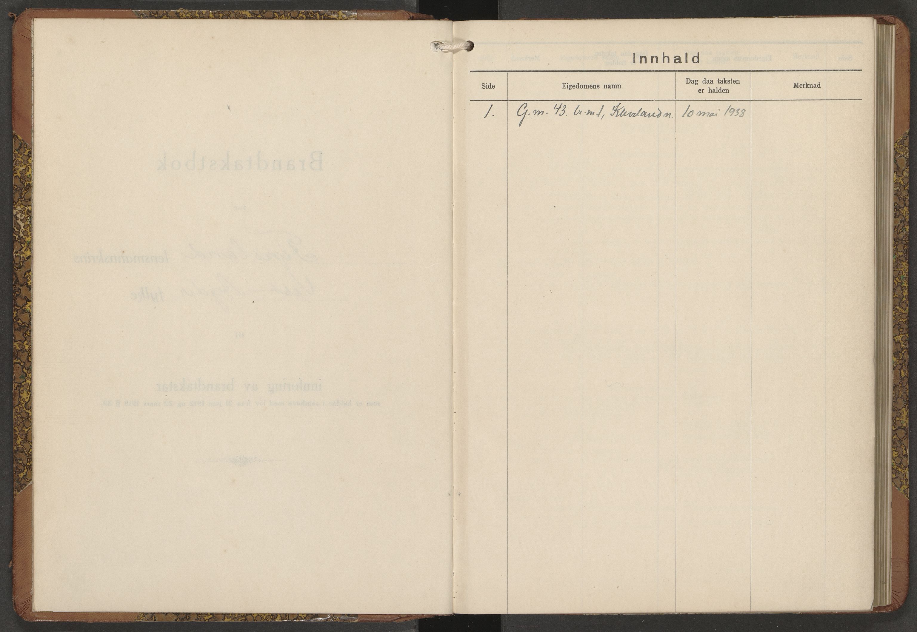 Norges Brannkasse Finsland, AV/SAK-2241-0013/F/Fa/L0003: Branntakstprotokoll nr. 3 med gårdsnavnregister, 1938-1952