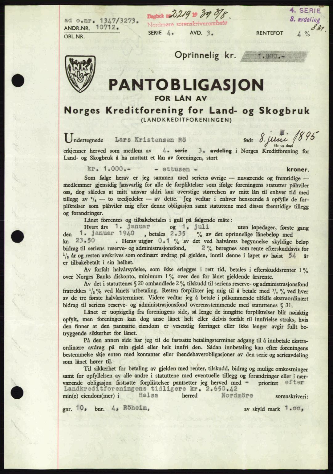 Nordmøre sorenskriveri, SAT/A-4132/1/2/2Ca: Pantebok nr. B85, 1939-1939, Dagboknr: 2219/1939