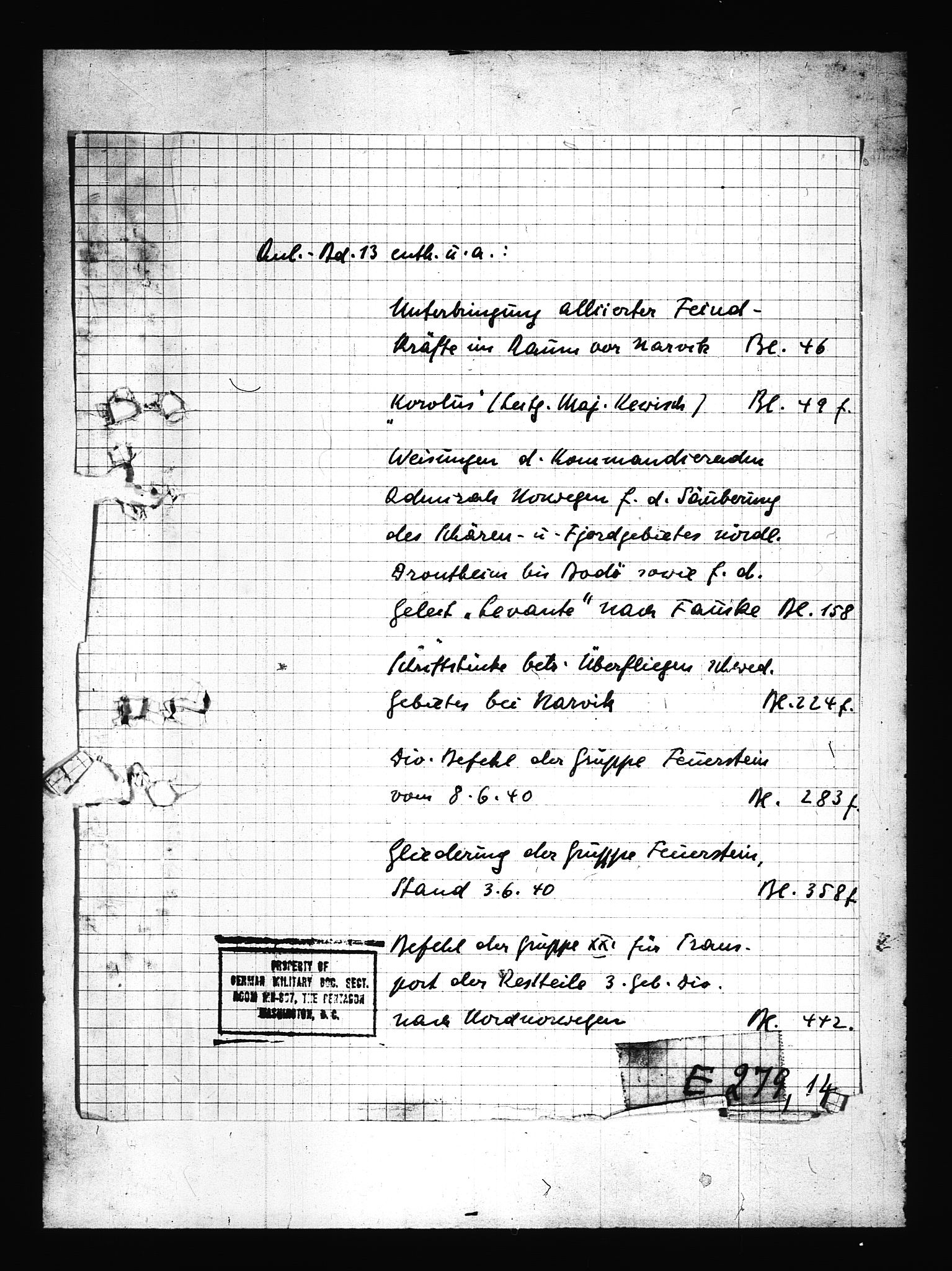 Documents Section, RA/RAFA-2200/V/L0081: Amerikansk mikrofilm "Captured German Documents".
Box No. 720.  FKA jnr. 619/1954., 1940, s. 2