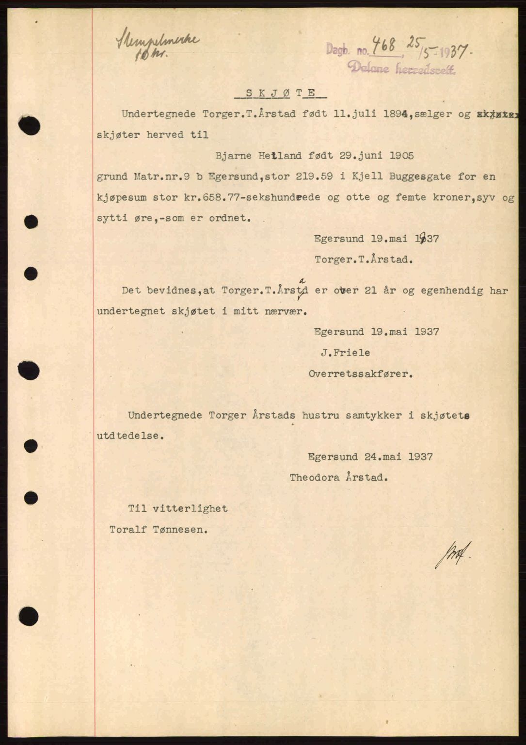 Dalane sorenskriveri, SAST/A-100309/02/G/Gb/L0041: Pantebok nr. A2, 1936-1937, Dagboknr: 468/1937