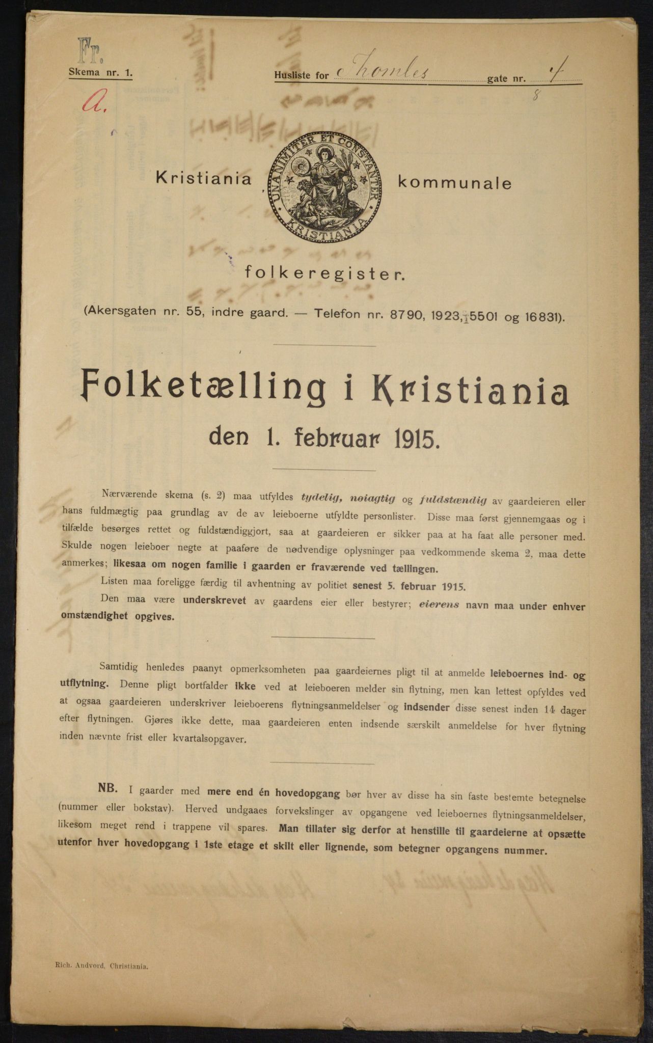 OBA, Kommunal folketelling 1.2.1915 for Kristiania, 1915, s. 109499