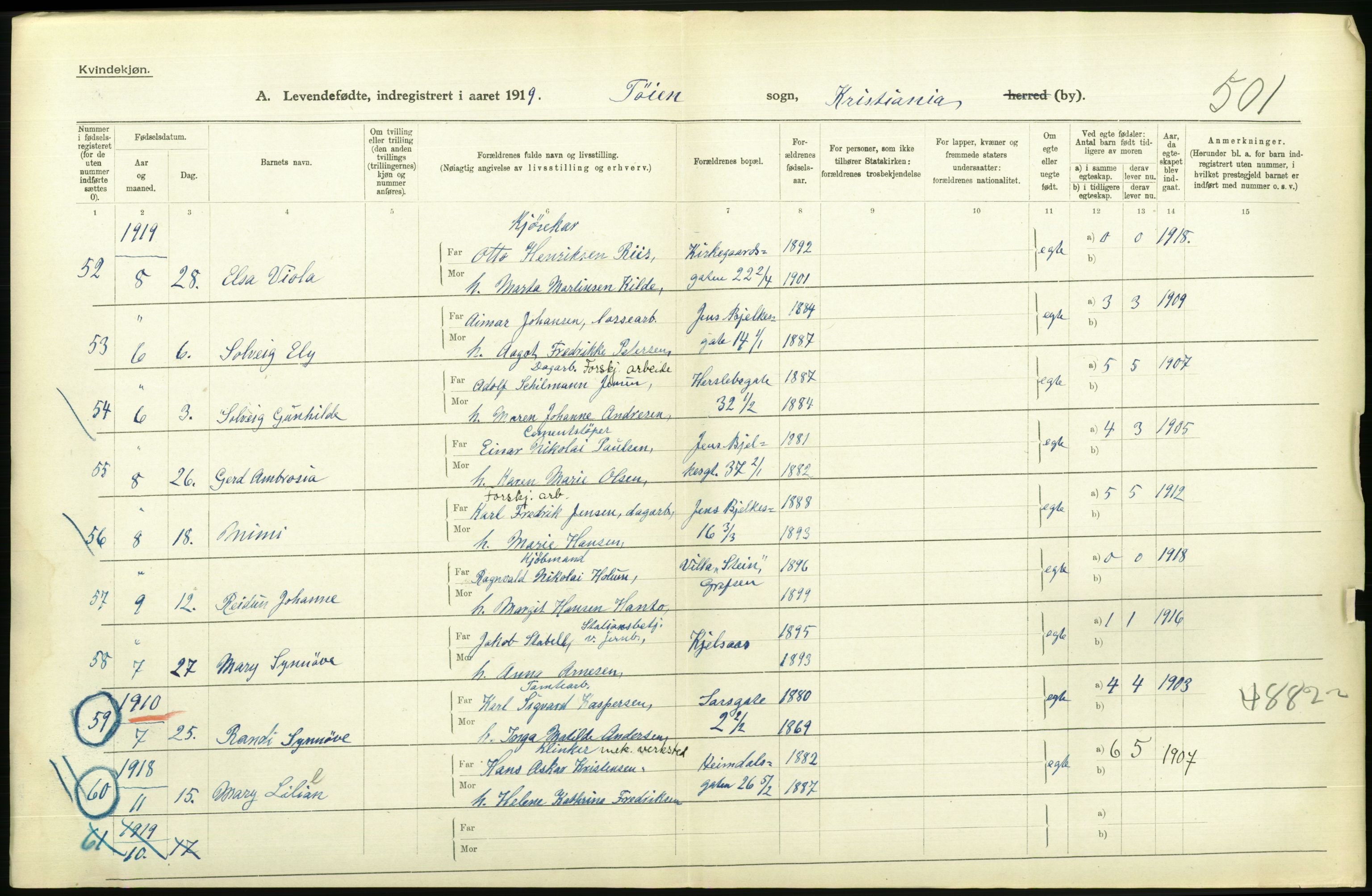 Statistisk sentralbyrå, Sosiodemografiske emner, Befolkning, AV/RA-S-2228/D/Df/Dfb/Dfbi/L0008: Kristiania: Levendefødte menn og kvinner., 1919