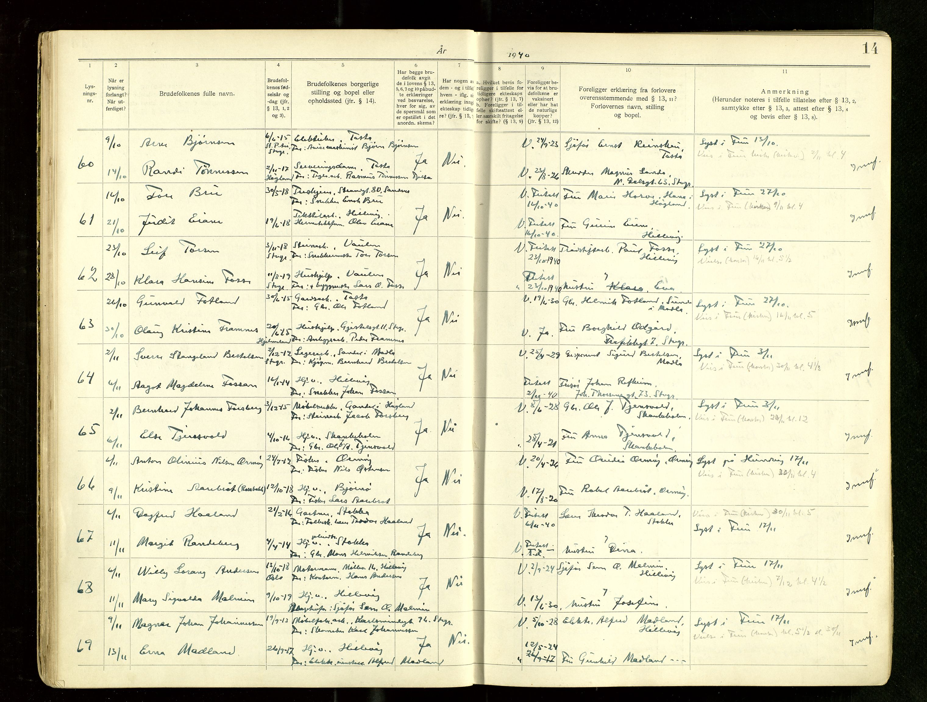 Hetland sokneprestkontor, AV/SAST-A-101826/70/705BA/L0007: Lysningsprotokoll nr. 7, 1939-1951, s. 14