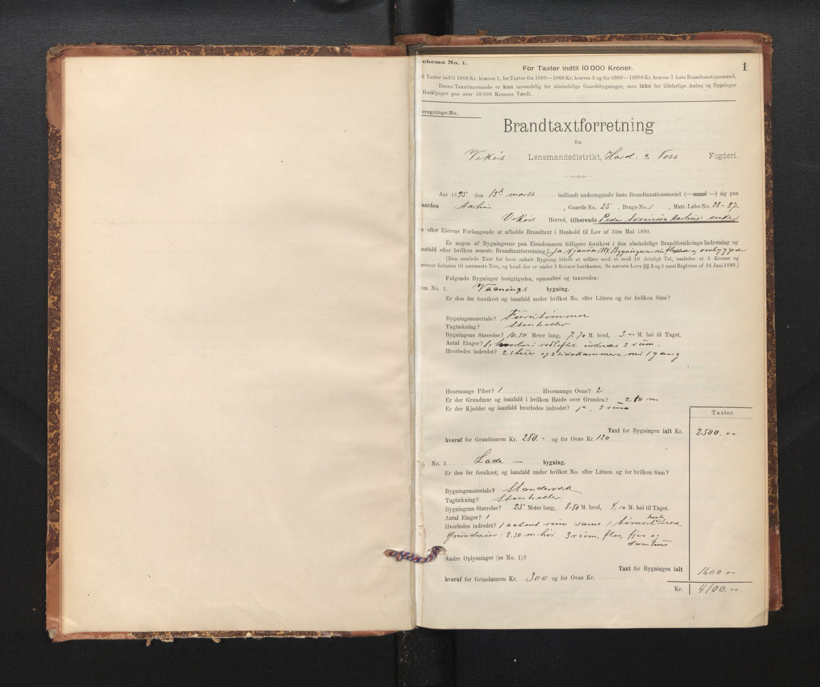 Lensmannen i Kvam, AV/SAB-A-33201/0012/L0005: Branntakstprotokoll, skjematakst, 1894-1913, s. 1