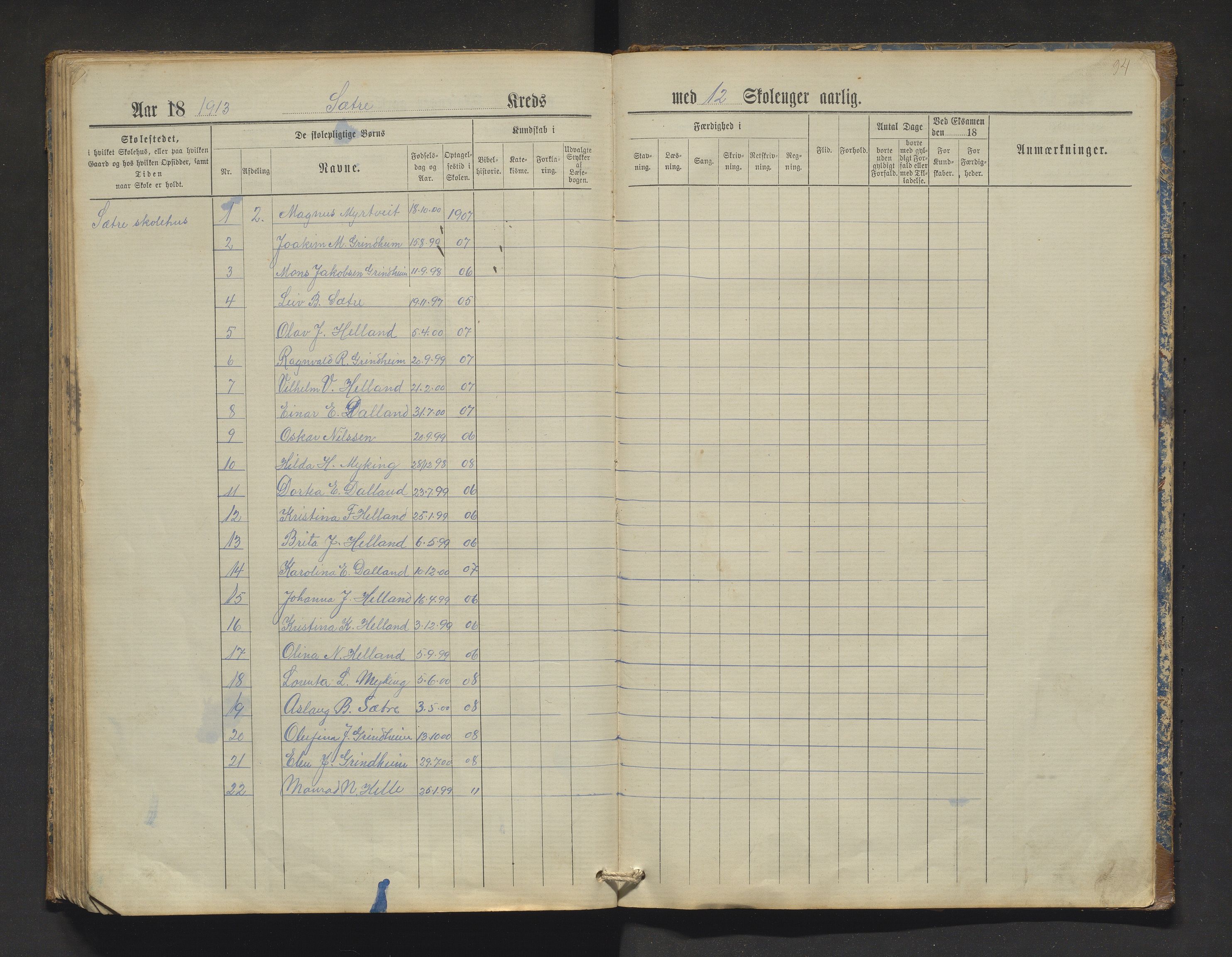 Manger kommune. Barneskulane, IKAH/1261-231/F/Fa/L0002: Skuleprotokoll for Toska, Manger, Dalland, Lilletvedt, Sætre og Helle krinsar , 1882-1916, s. 94