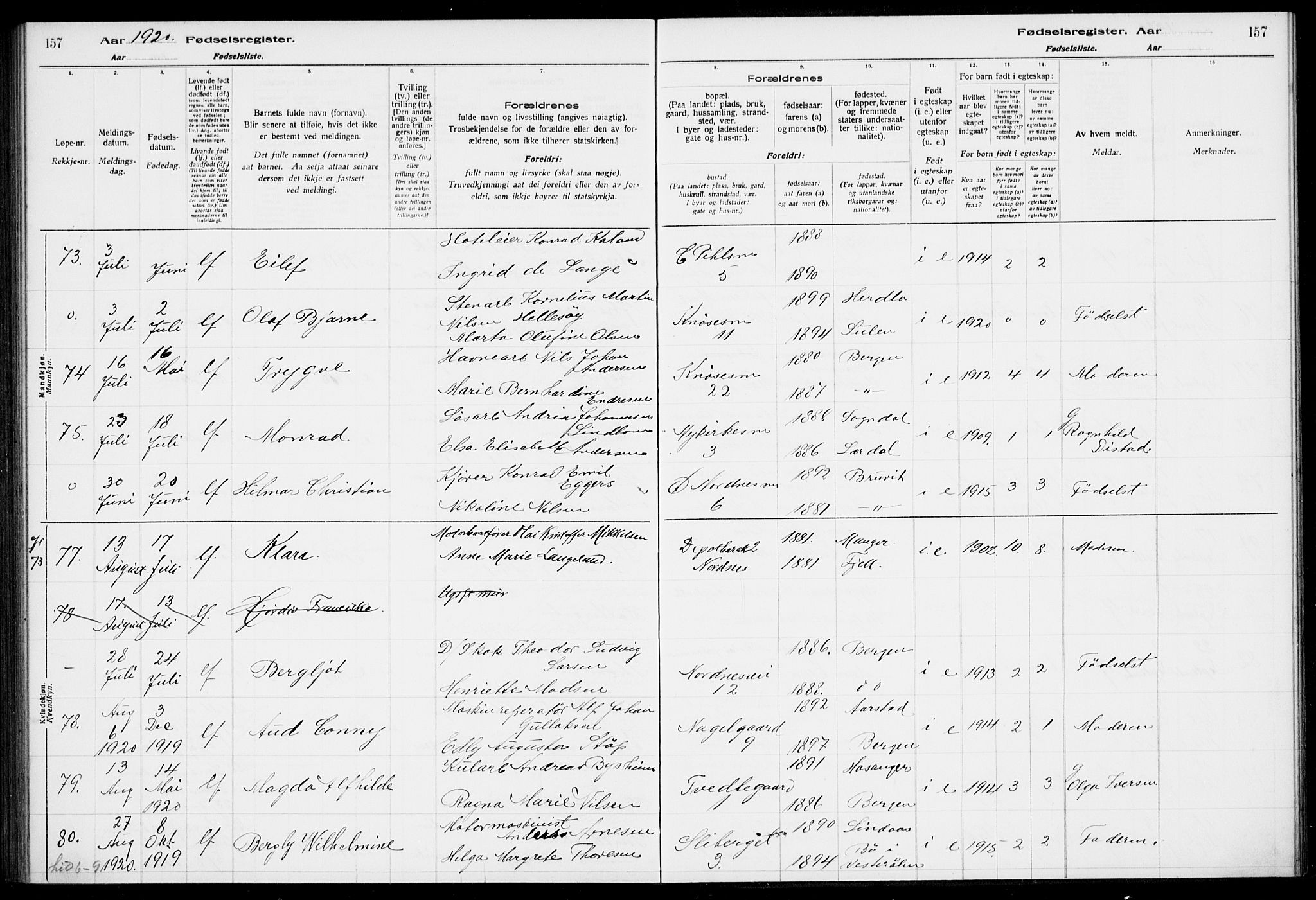 Nykirken Sokneprestembete, SAB/A-77101/I/Id/L00A1: Fødselsregister nr. A 1, 1916-1922, s. 157