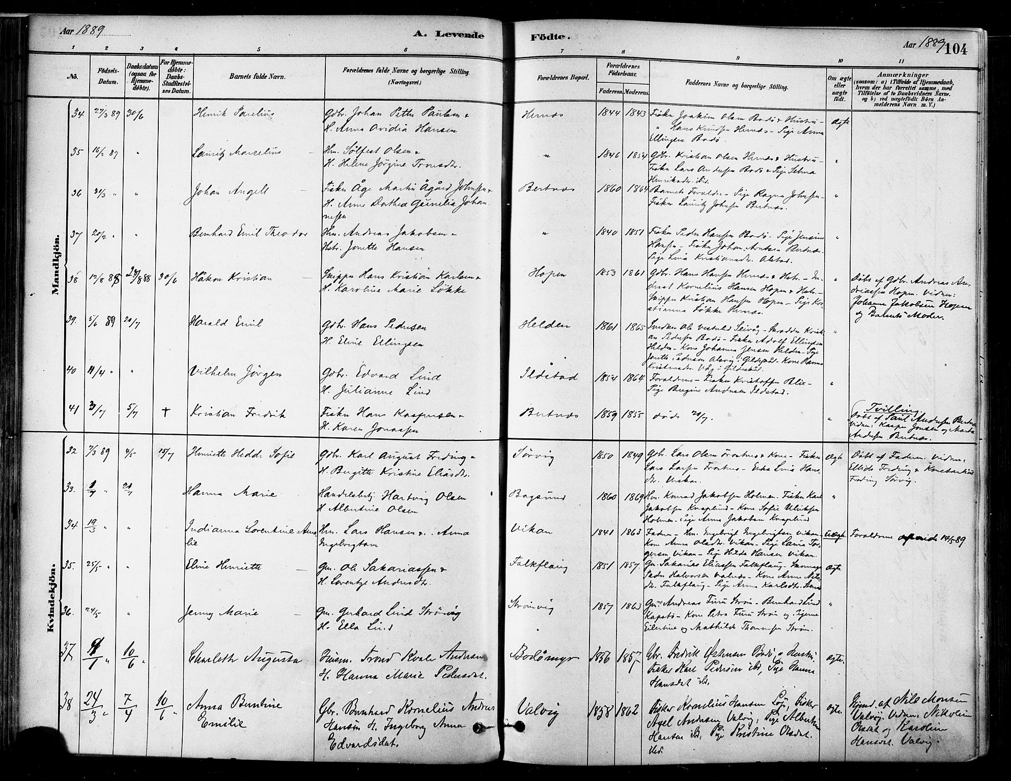 Ministerialprotokoller, klokkerbøker og fødselsregistre - Nordland, AV/SAT-A-1459/802/L0054: Ministerialbok nr. 802A01, 1879-1893, s. 104