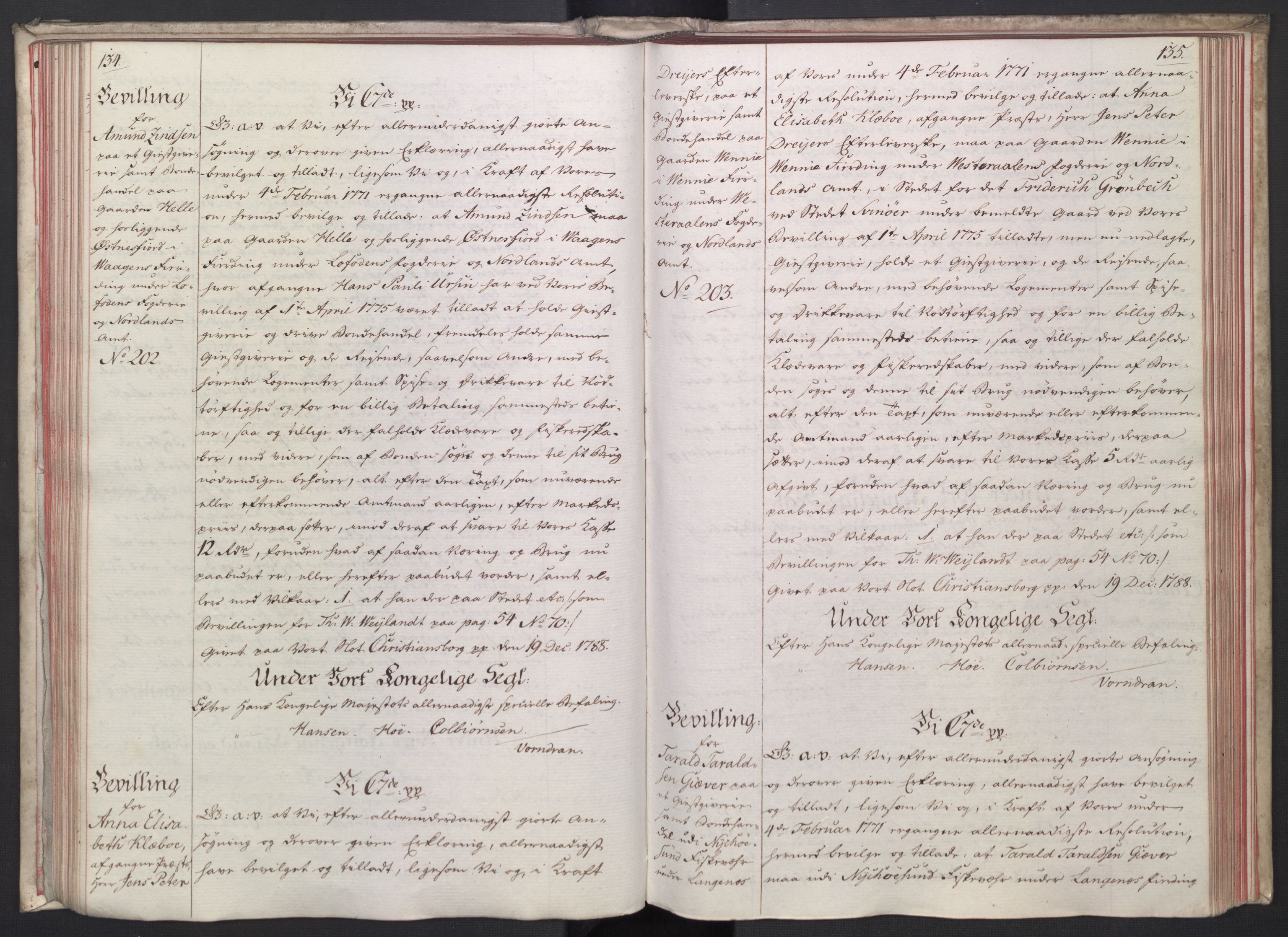 Rentekammeret, Kammerkanselliet, RA/EA-3111/G/Gg/Gga/L0014: Norsk ekspedisjonsprotokoll med register (merket RK 53.14), 1787-1790, s. 134-135