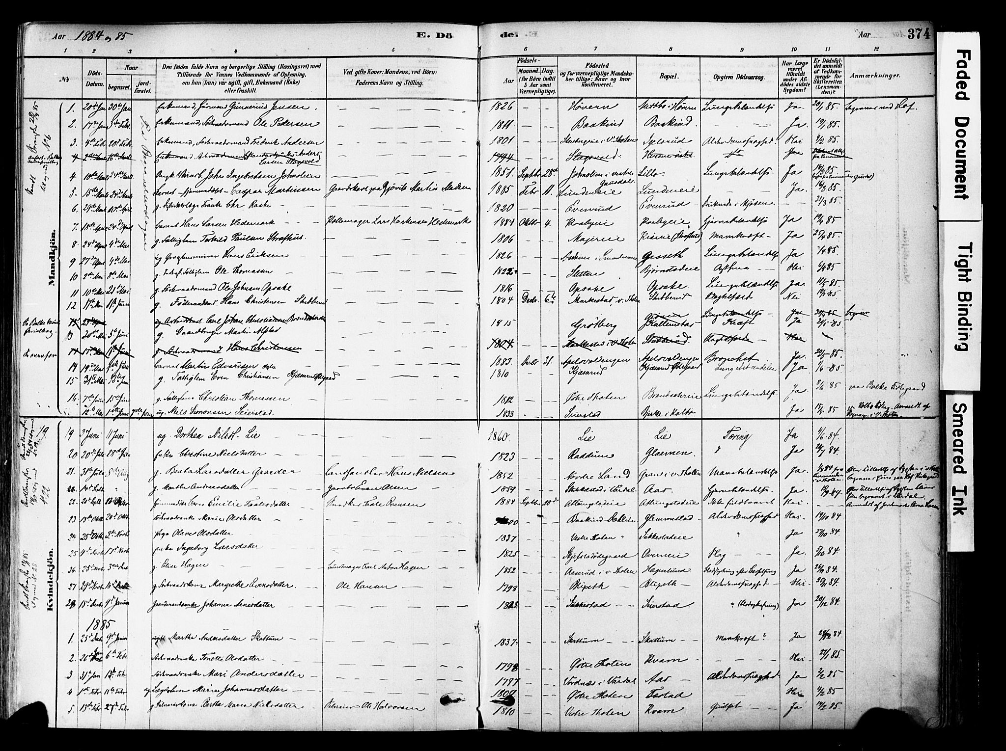 Østre Toten prestekontor, AV/SAH-PREST-104/H/Ha/Haa/L0006: Ministerialbok nr. 6 /1, 1878-1896, s. 374