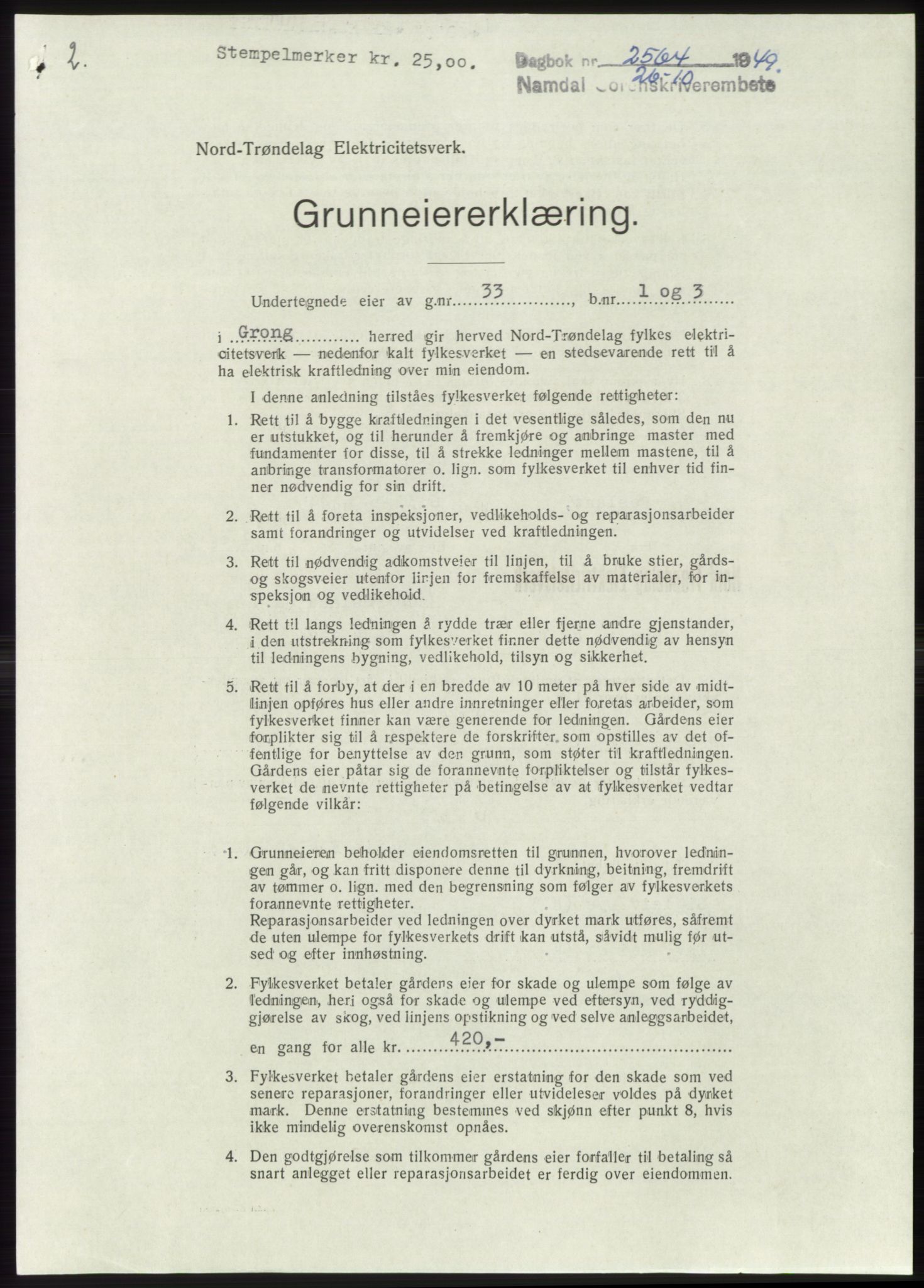 Namdal sorenskriveri, SAT/A-4133/1/2/2C: Pantebok nr. -, 1949-1949, Dagboknr: 2564/1949