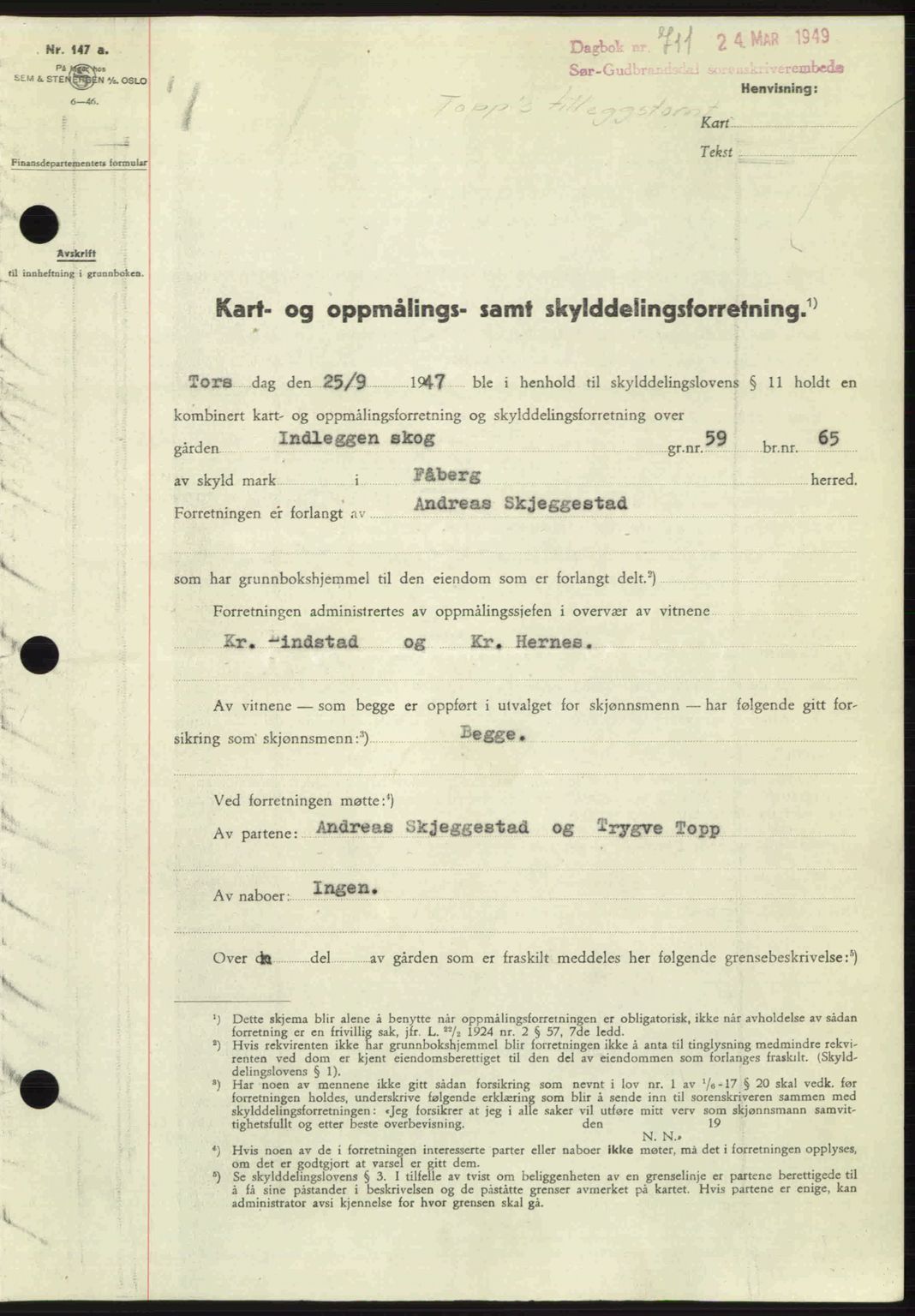 Sør-Gudbrandsdal tingrett, SAH/TING-004/H/Hb/Hbd/L0024: Pantebok nr. A24, 1948-1949, Dagboknr: 711/1949