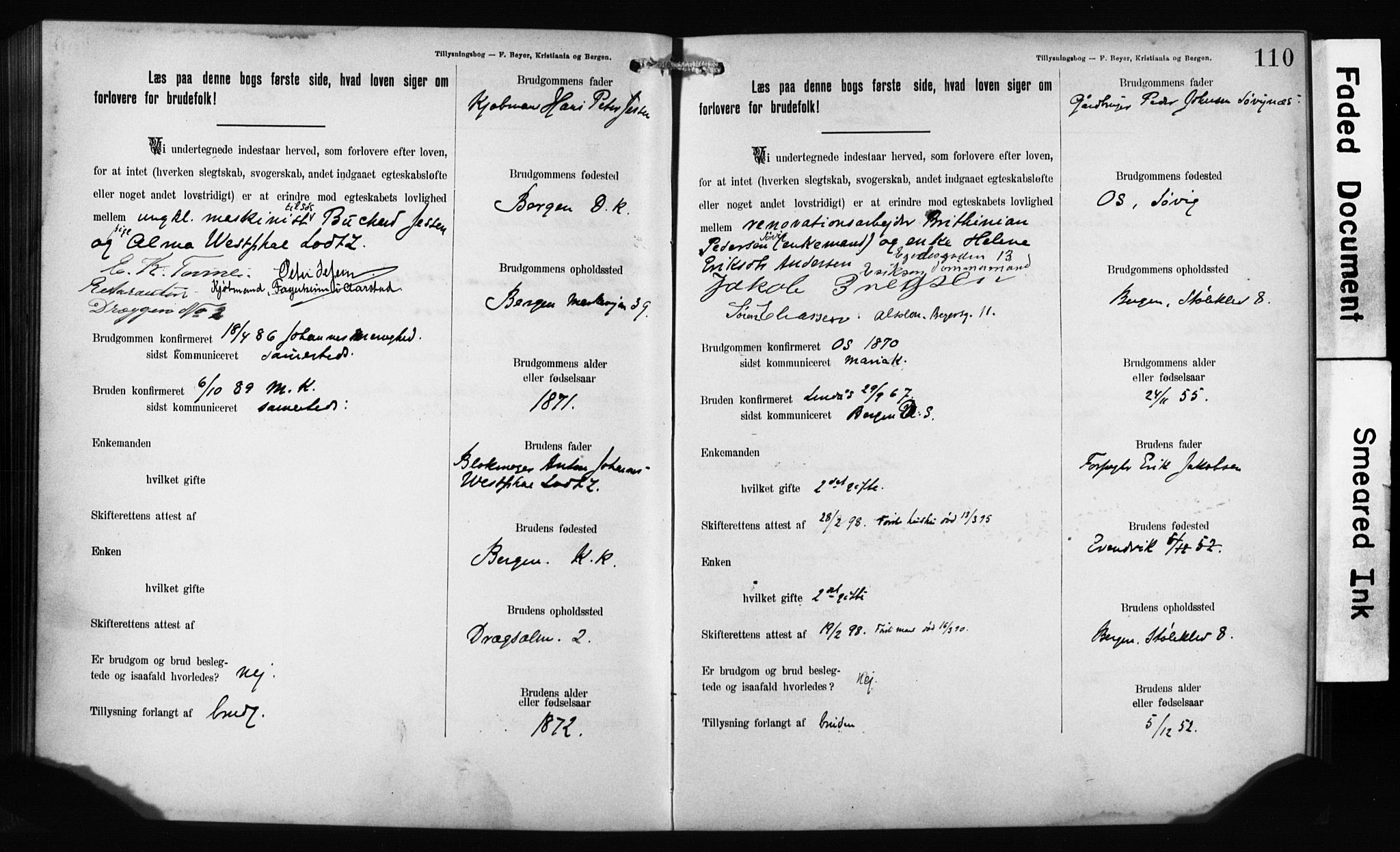 Mariakirken Sokneprestembete, SAB/A-76901: Forlovererklæringer nr. II.5.1, 1891-1901, s. 110