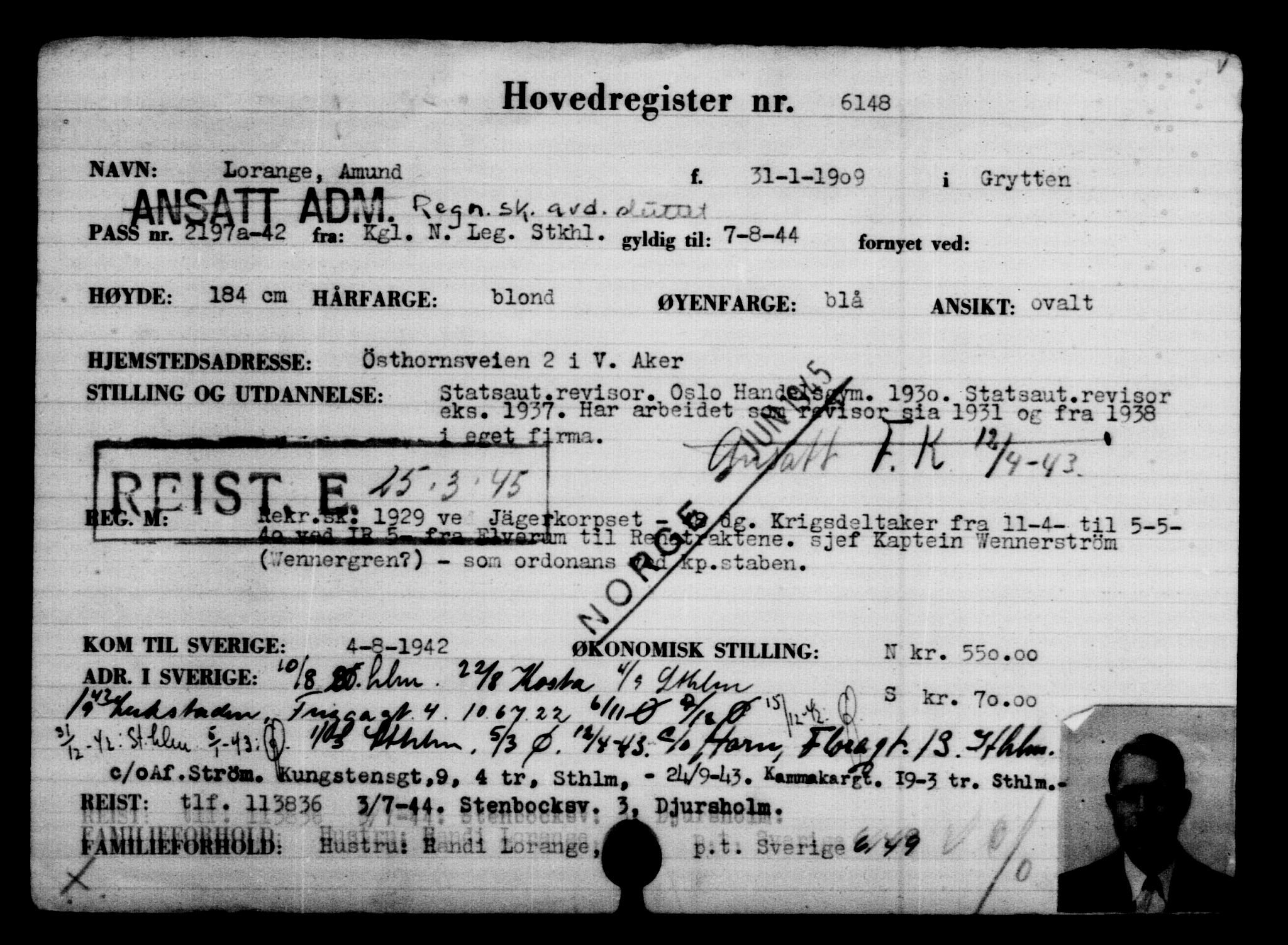 Utenriksstasjonene, Legasjonen i Stockholm, Flyktningkontoret, AV/RA-S-6753/V/Va/L0004: Kjesäterkartoteket, flyktninger med registreringsnr. 3496-6610, 1940-1945, s. 3108
