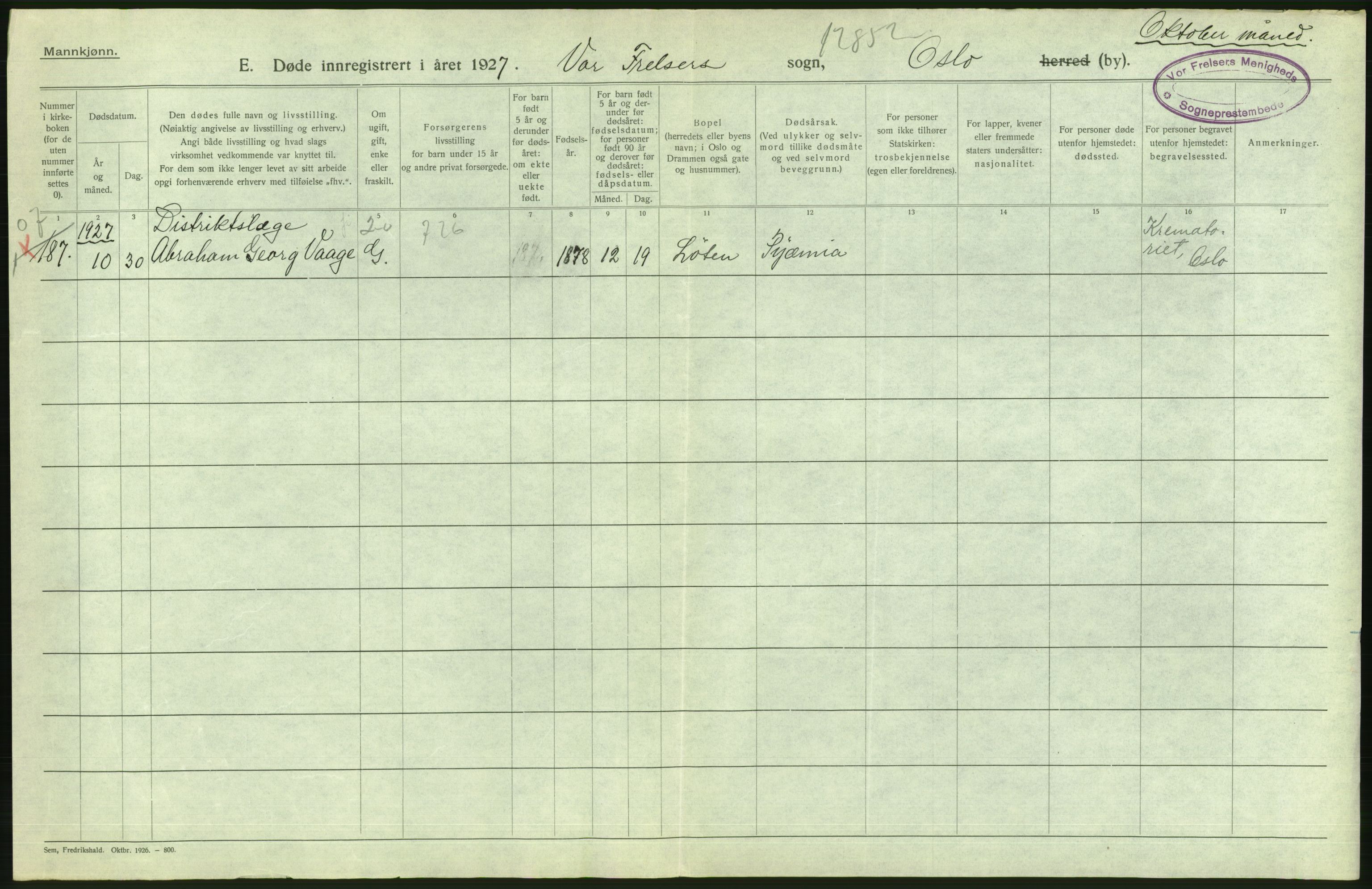 Statistisk sentralbyrå, Sosiodemografiske emner, Befolkning, AV/RA-S-2228/D/Df/Dfc/Dfcg/L0009: Oslo: Døde menn, 1927, s. 50