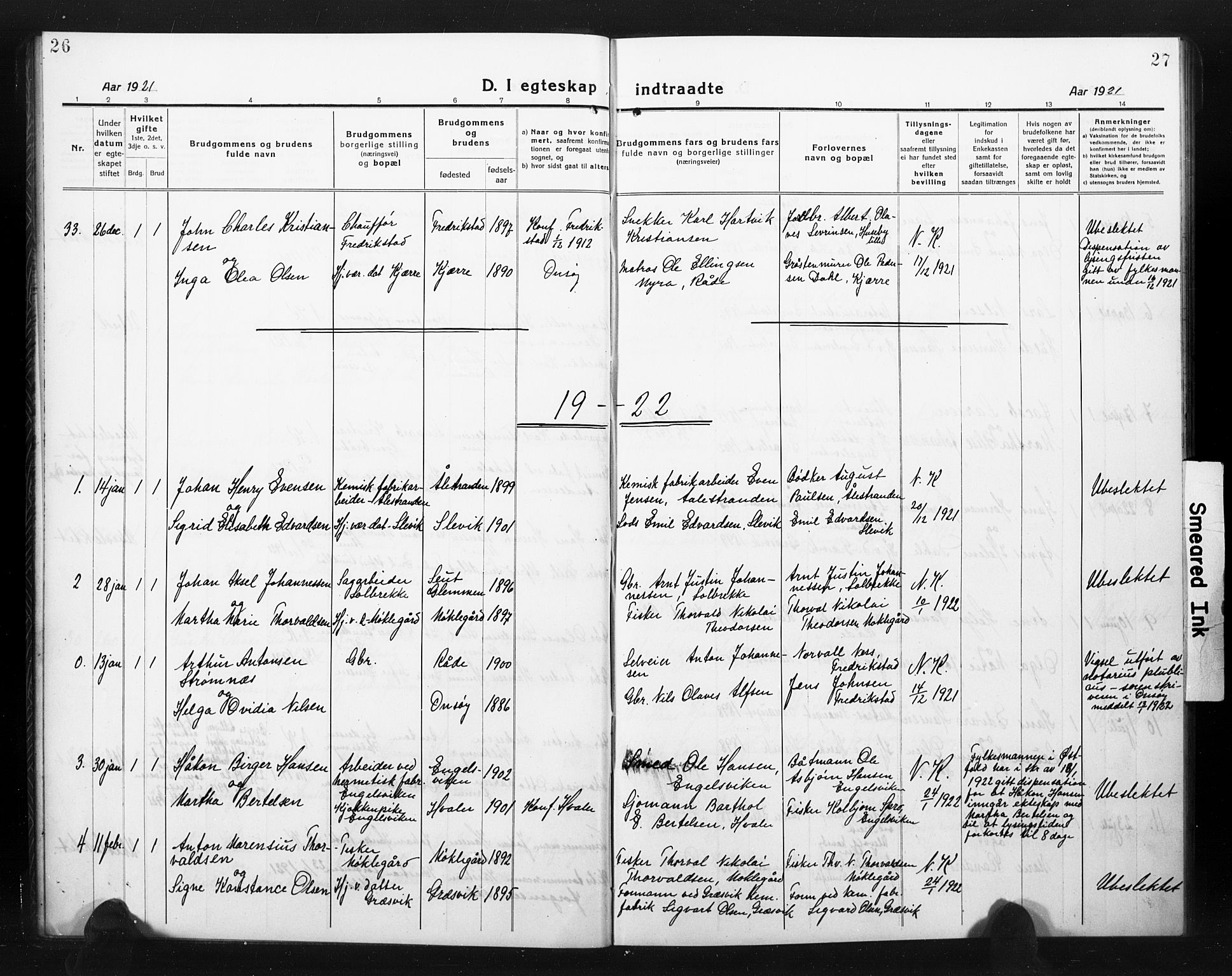Onsøy prestekontor Kirkebøker, AV/SAO-A-10914/G/Ga/L0004: Klokkerbok nr. I 4, 1919-1927, s. 26-27