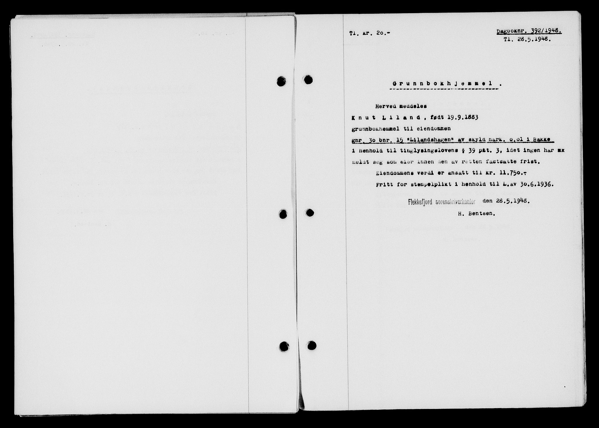 Flekkefjord sorenskriveri, SAK/1221-0001/G/Gb/Gba/L0063: Pantebok nr. A-11, 1947-1948, Dagboknr: 392/1948