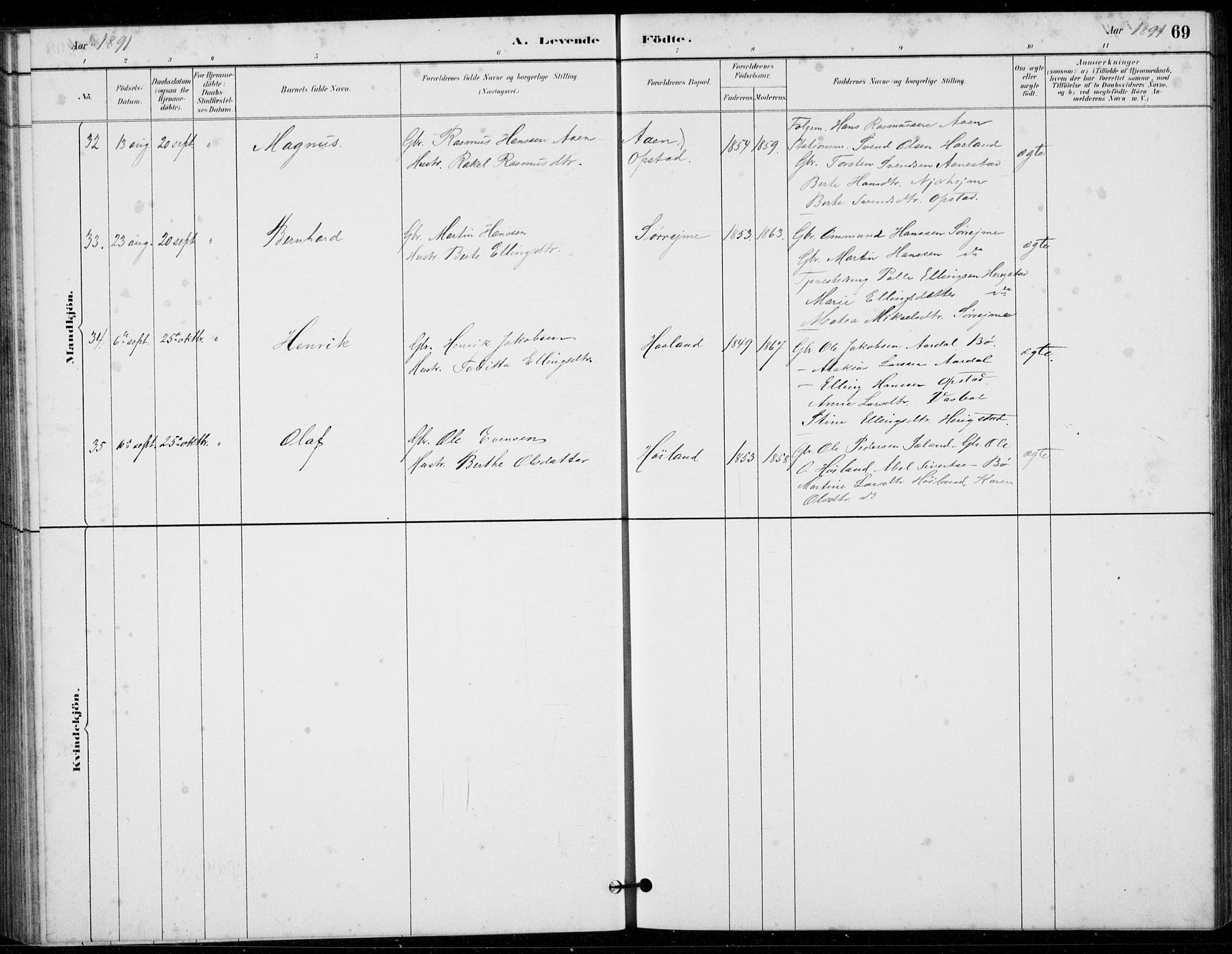 Hå sokneprestkontor, AV/SAST-A-101801/001/30BB/L0003: Klokkerbok nr. B 3, 1883-1894, s. 69