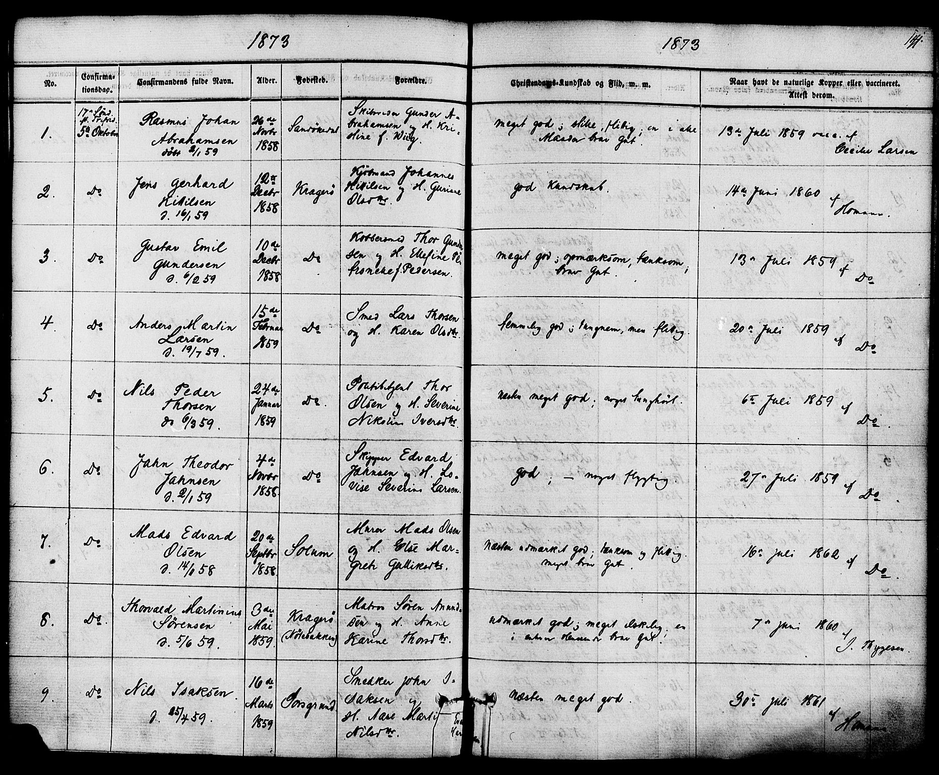 Kragerø kirkebøker, AV/SAKO-A-278/F/Fa/L0008: Ministerialbok nr. 8, 1856-1880, s. 141