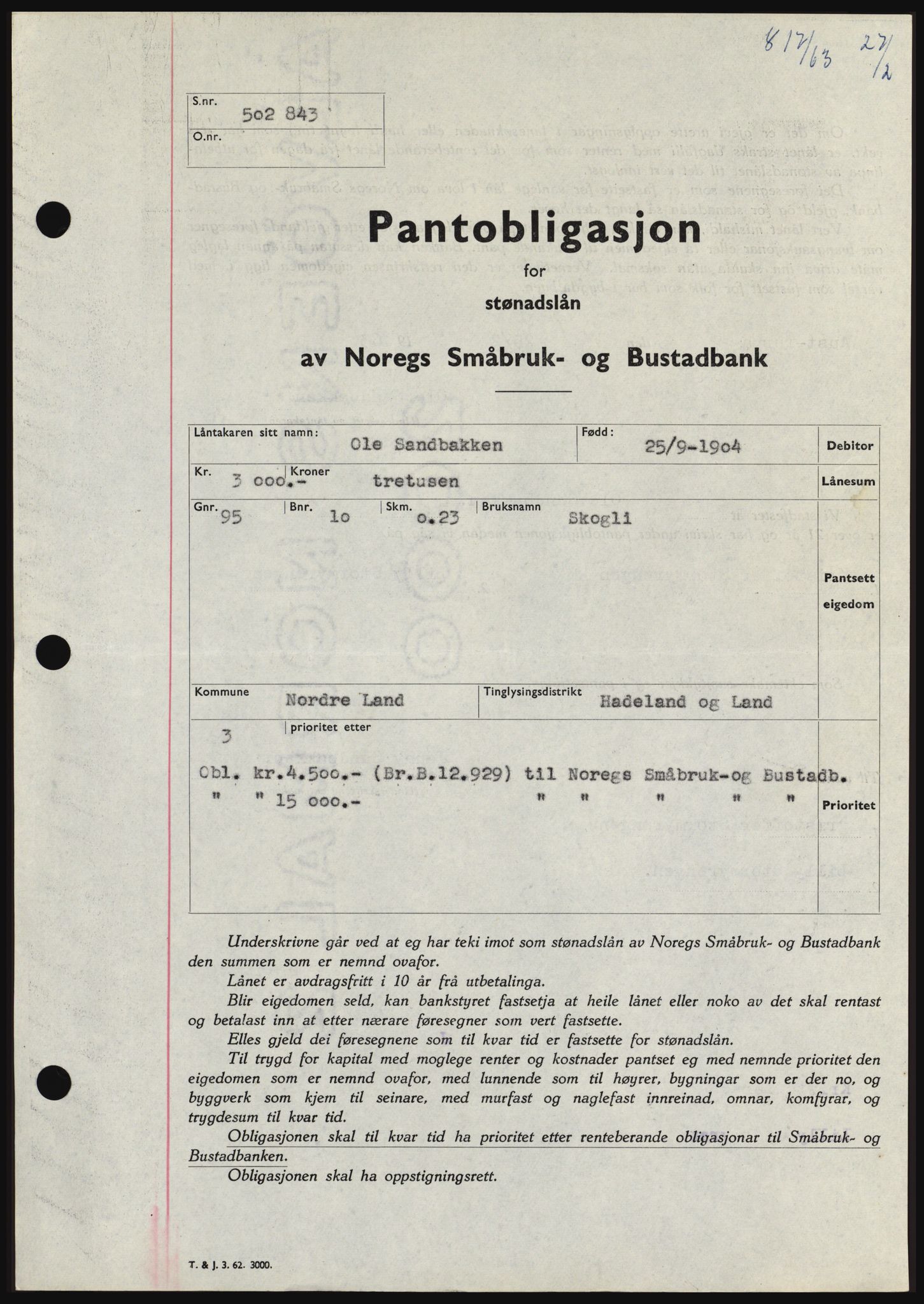 Hadeland og Land tingrett, SAH/TING-010/H/Hb/Hbc/L0050: Pantebok nr. B50, 1962-1963, Dagboknr: 817/1963