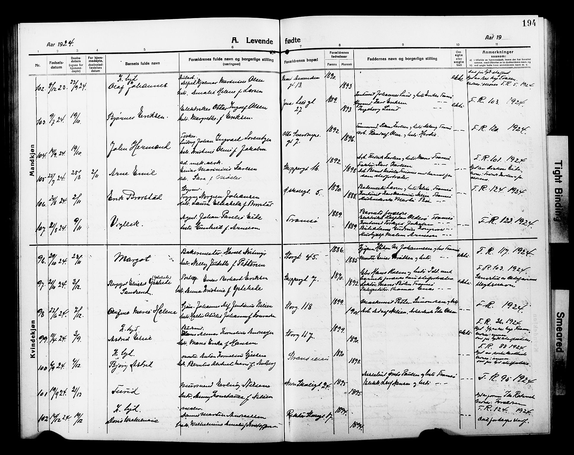 Tromsø sokneprestkontor/stiftsprosti/domprosti, AV/SATØ-S-1343/G/Gb/L0009klokker: Klokkerbok nr. 9, 1915-1925, s. 194
