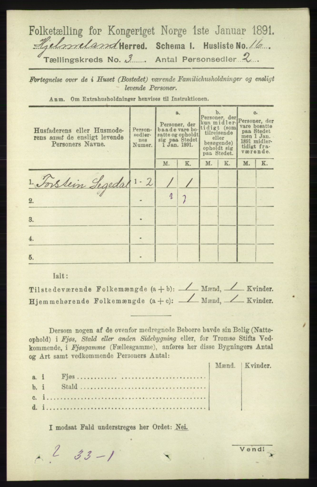 RA, Folketelling 1891 for 1133 Hjelmeland herred, 1891, s. 707