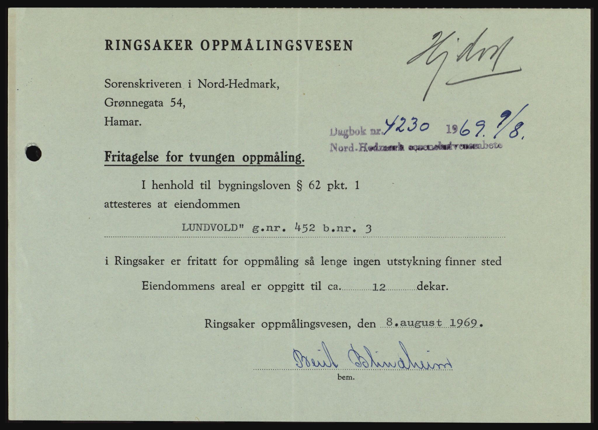 Nord-Hedmark sorenskriveri, SAH/TING-012/H/Hc/L0031: Pantebok nr. 31, 1969-1969, Dagboknr: 4230/1969