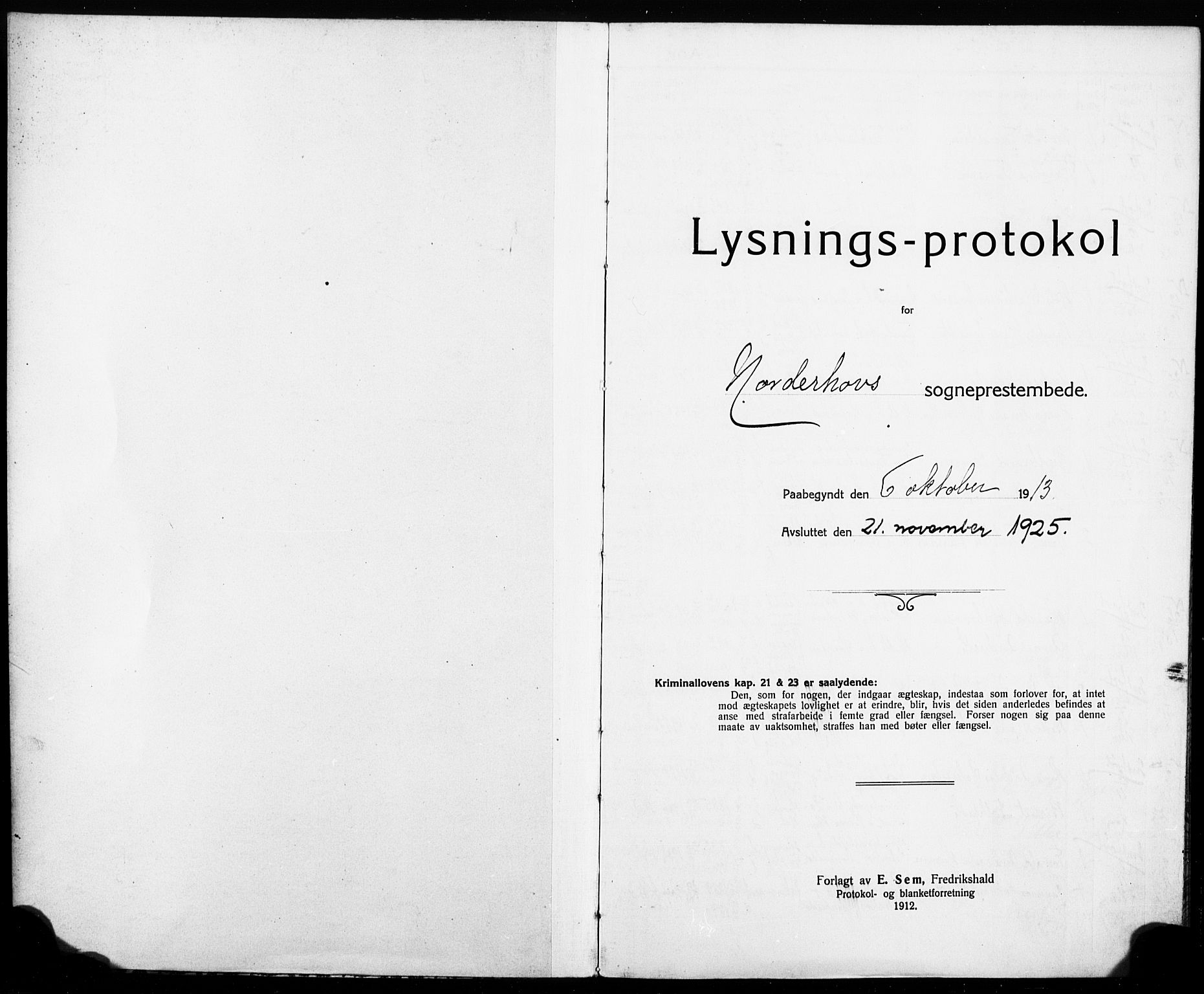 Norderhov kirkebøker, AV/SAKO-A-237/H/Ha/L0003: Lysningsprotokoll nr. 3, 1913-1925