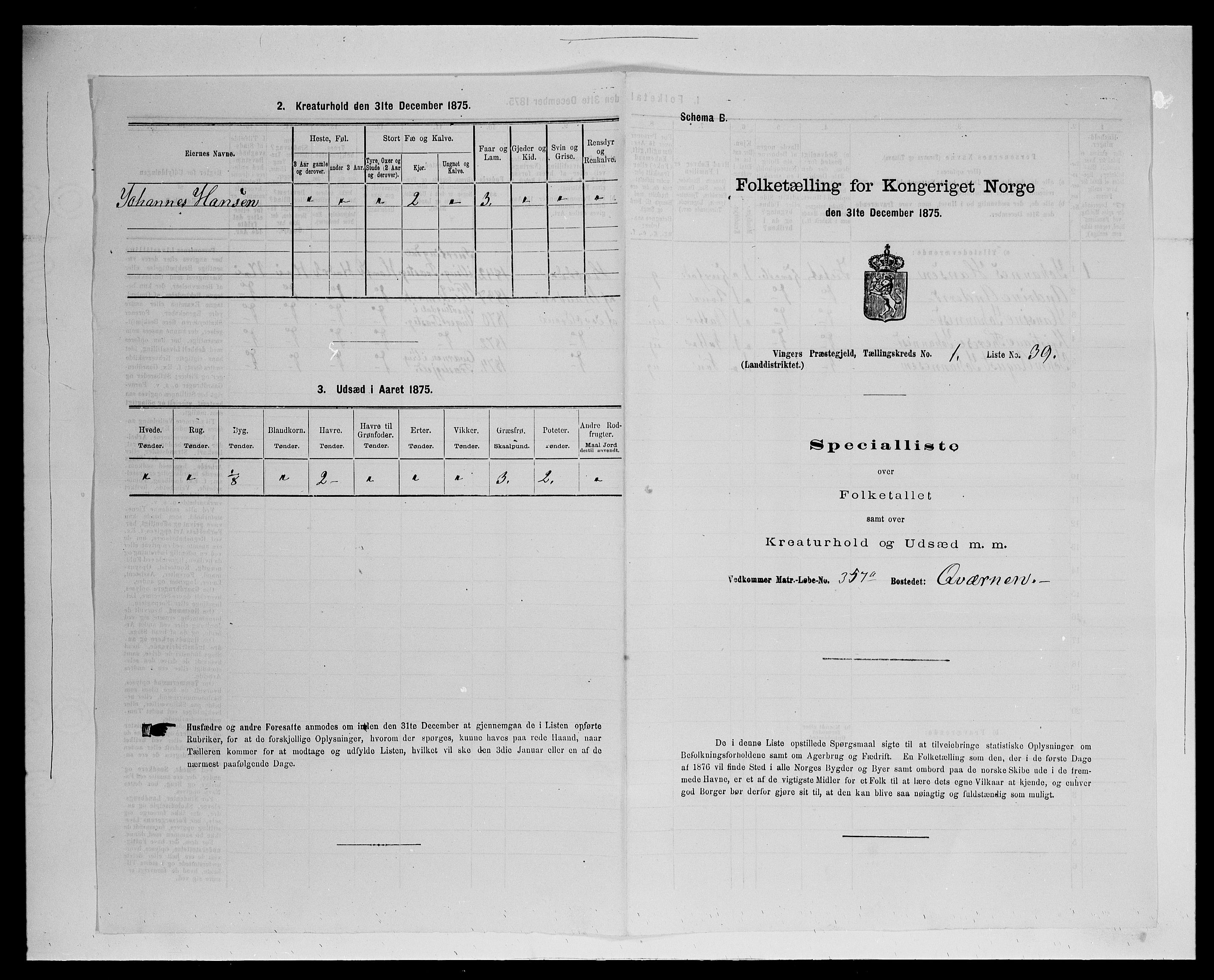 SAH, Folketelling 1875 for 0421L Vinger prestegjeld, Vinger sokn og Austmarka sokn, 1875, s. 182
